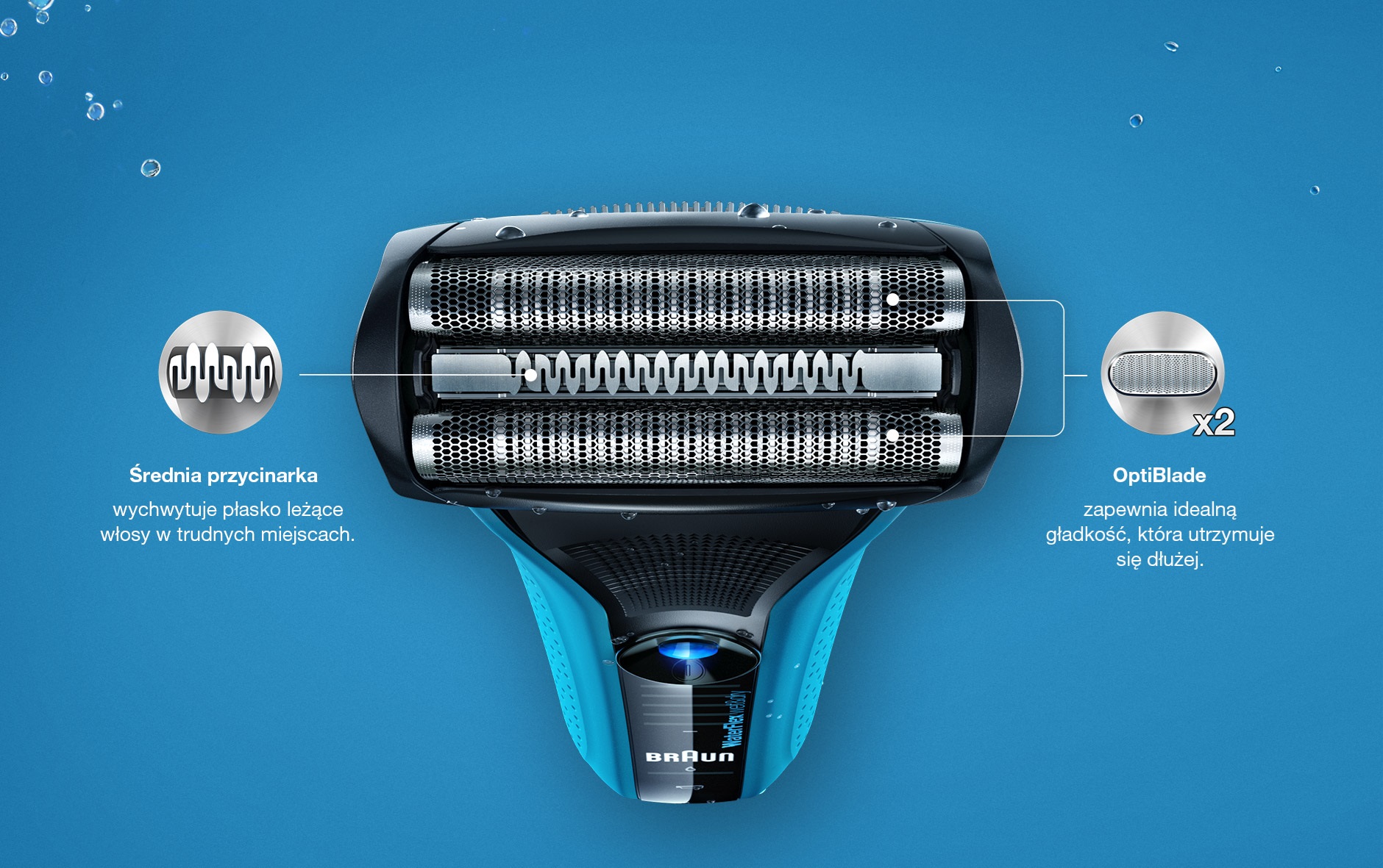 Działająca na mokro i na sucho golarka Braun WaterFlex Wet&Dry z systemem tnącym potrójnego działania. Działająca na mokro i na sucho golarka Braun WaterFlex Wet&Dry z systemem tnącym potrójnego działania.