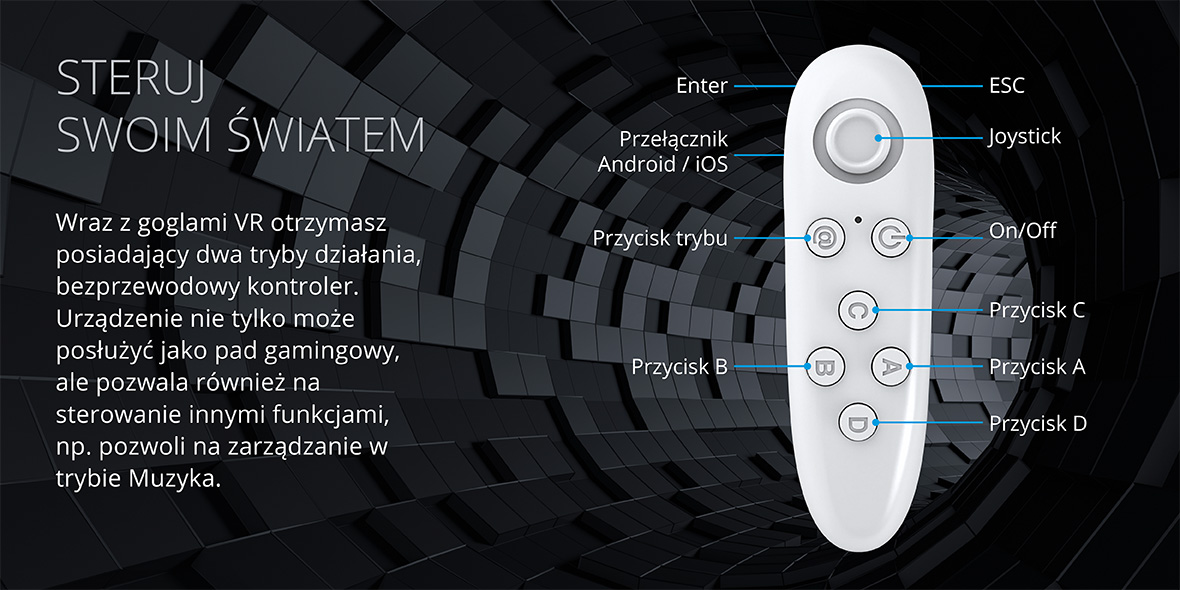 Steruj swoim światem Wraz z goglami VR otrzymasz posiadający dwa tryby działania, bezprzewodowy kontroler. Urządzenie nie tylko może posłużyć jako pad gamingowy, ale pozwala również na sterowanie innymi funkcjami, np. pozwoli na zarządzanie w trybie Muzyka.