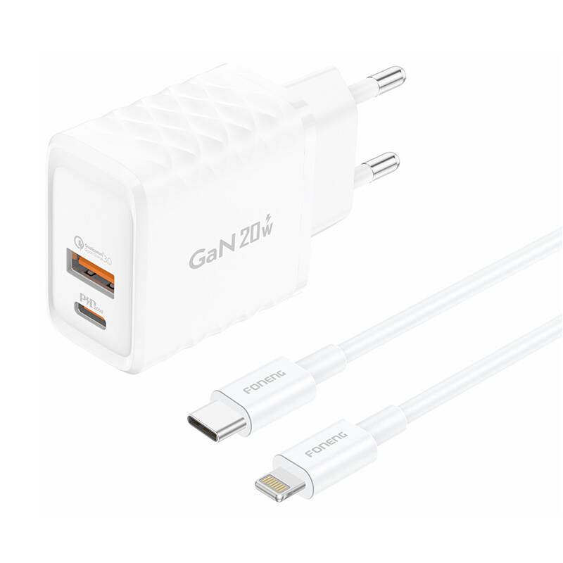 Ładowarka sieciowa Foneng EU56 1xUSB-A, 1xUSB-C, 20W (Biała) + kabel USB-A do Lightning – Szybkie ładowanie w zasięgu ręki