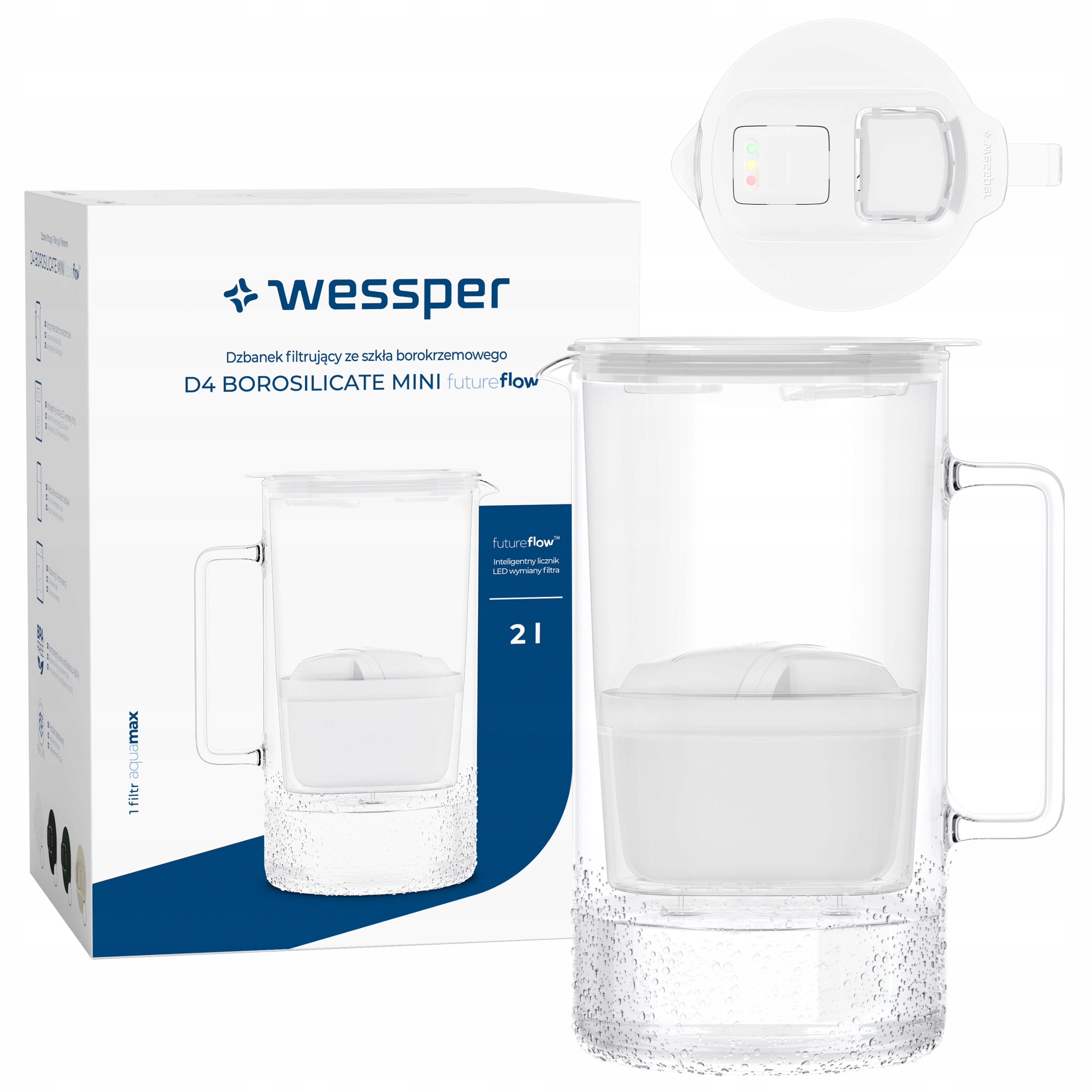 Dzbanek Wessper D4 BOROSILICATE MINI futureflow™ Aquamax – Idealne rozwiązanie do filtracji wody