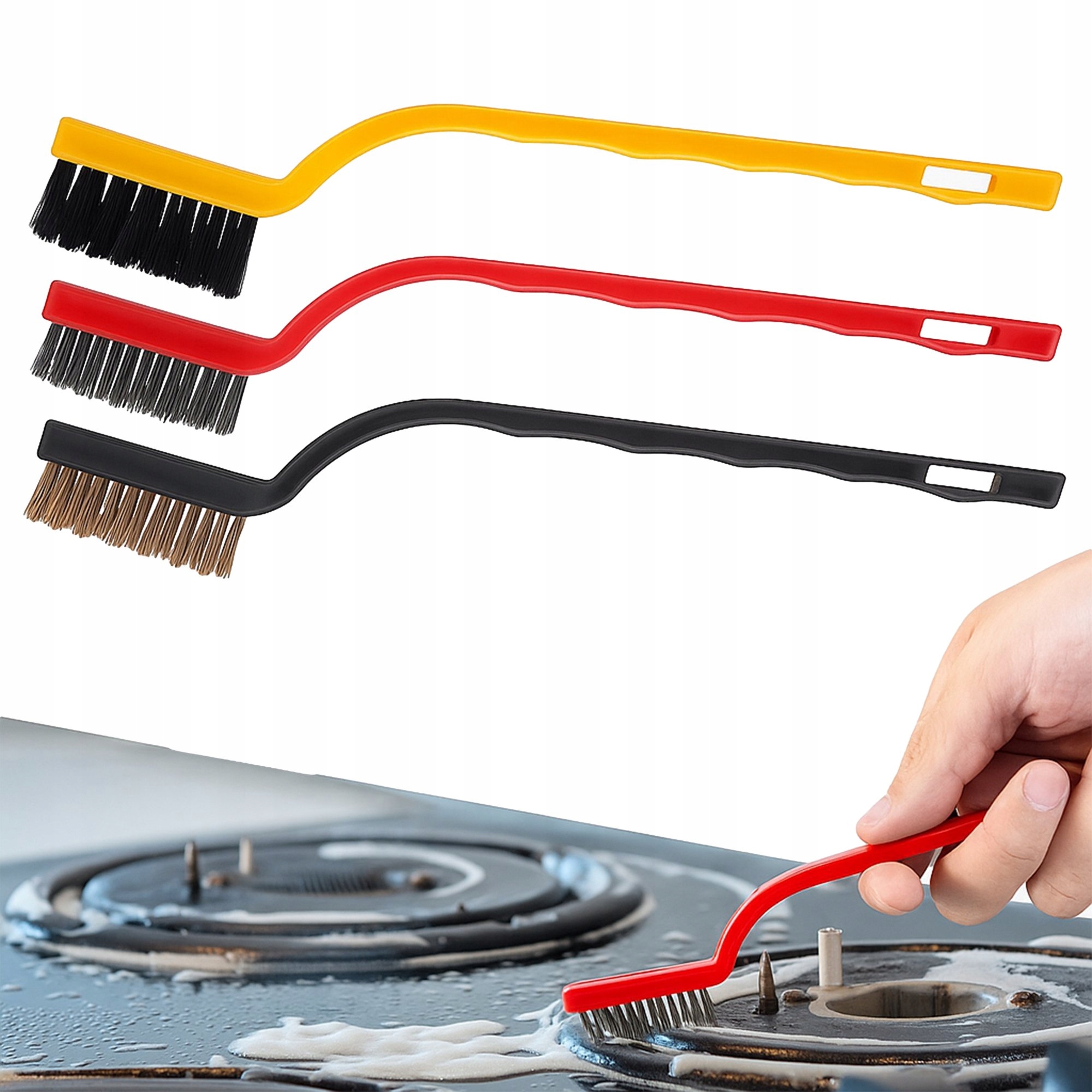 Trzy rodzaje szczotek – stalowa, mosiężna i nylonowa