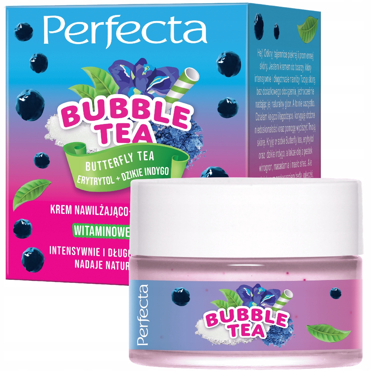 DAX PERFECTA Bubble Tea Krem do twarzy nawilżająco-rozświetlający Butterfly Tea, Erytrytol + Dzikie Indygo – Twoja tajemnica promiennej skóry