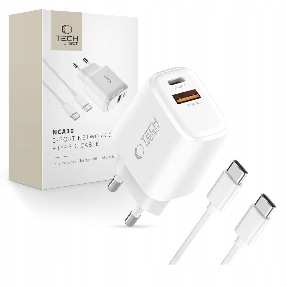 TECH-PROTECT NCA30 2-PORT NETWORK CHARGER PD 30W / QC3.0 + KABEL TYPE-C – Szybkie ładowanie dla dwóch urządzeń