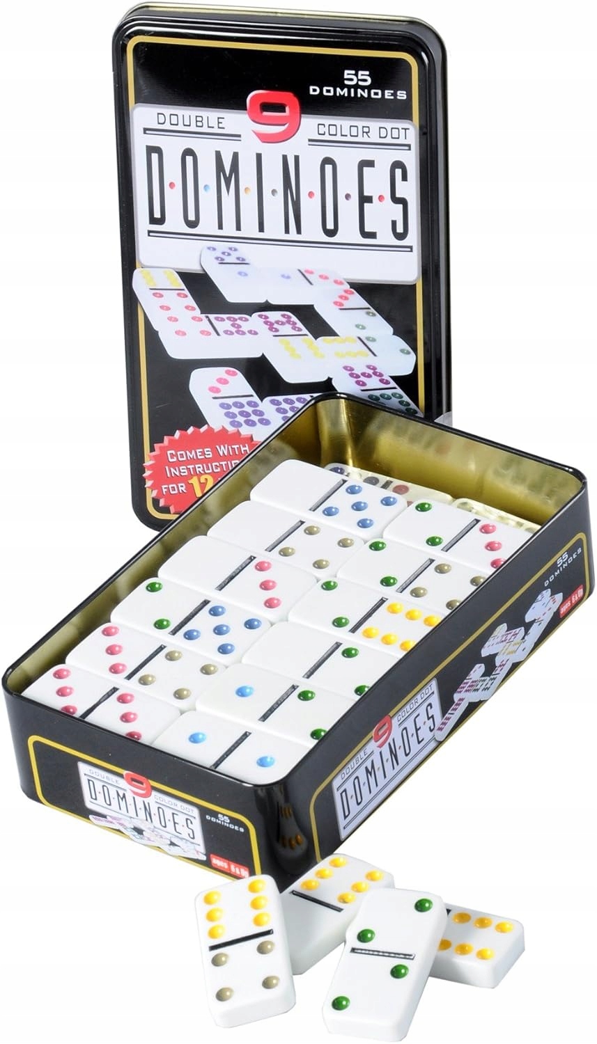 Domino Double 9 – Zestaw 55 Klocków z Kolorowymi Oczkami w Metalowym Pudełku