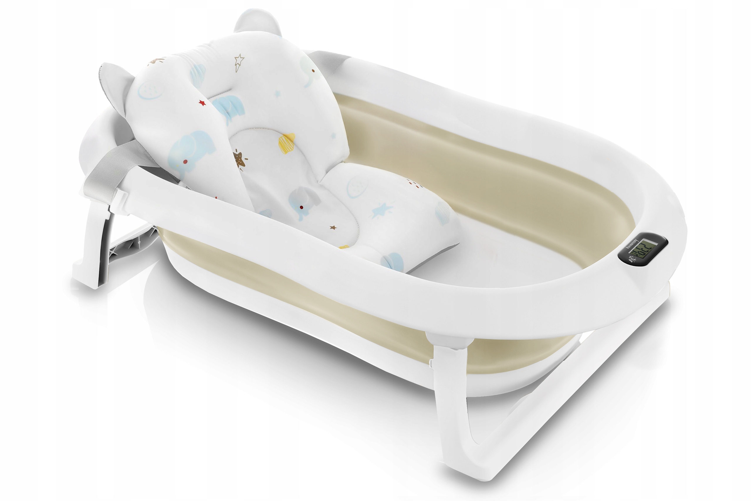 Wanienka dziecięca z termometrem Harmony beżowa z poduszką słoniki