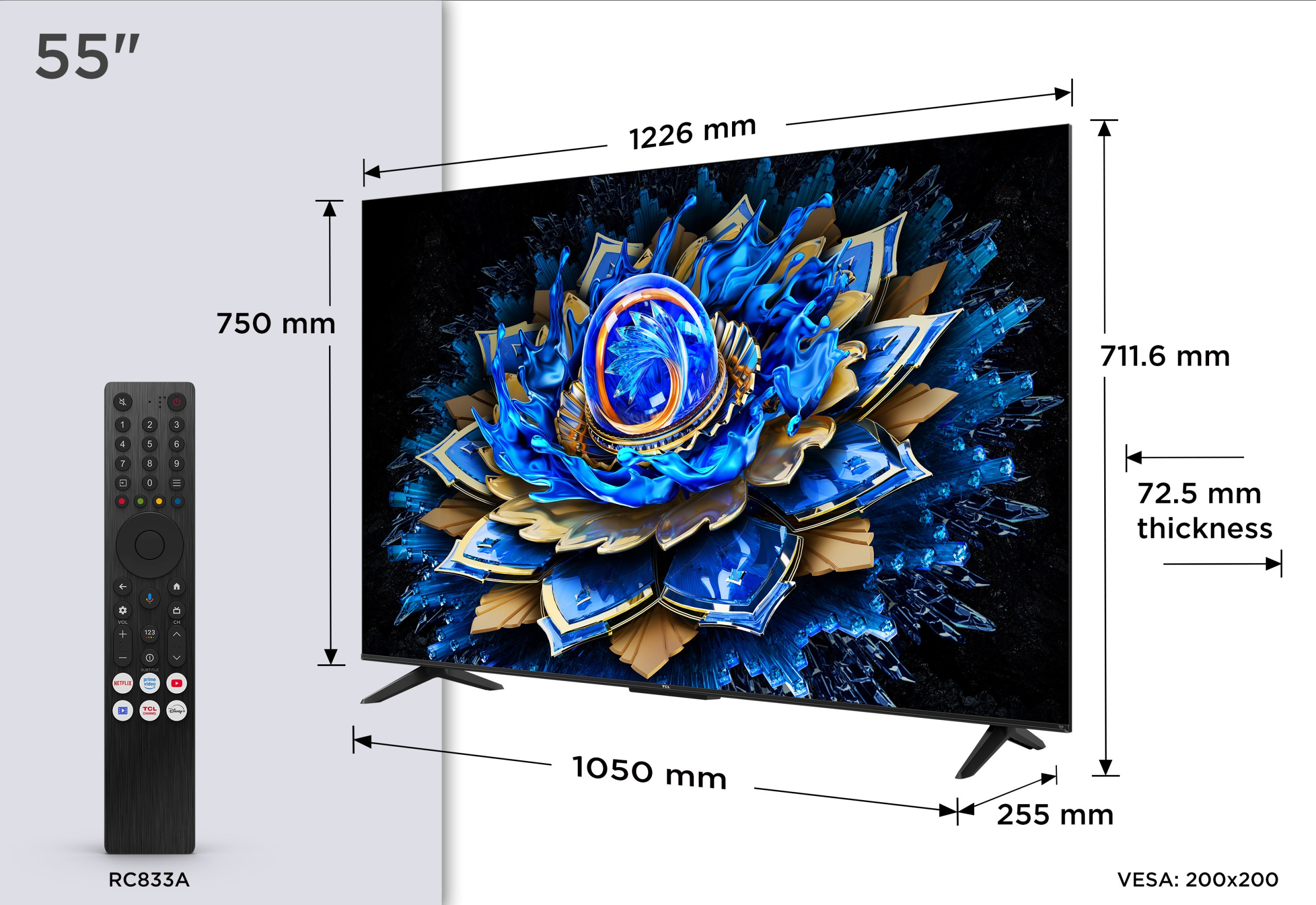 Wymiary i waga telewizora TCL 55T69C