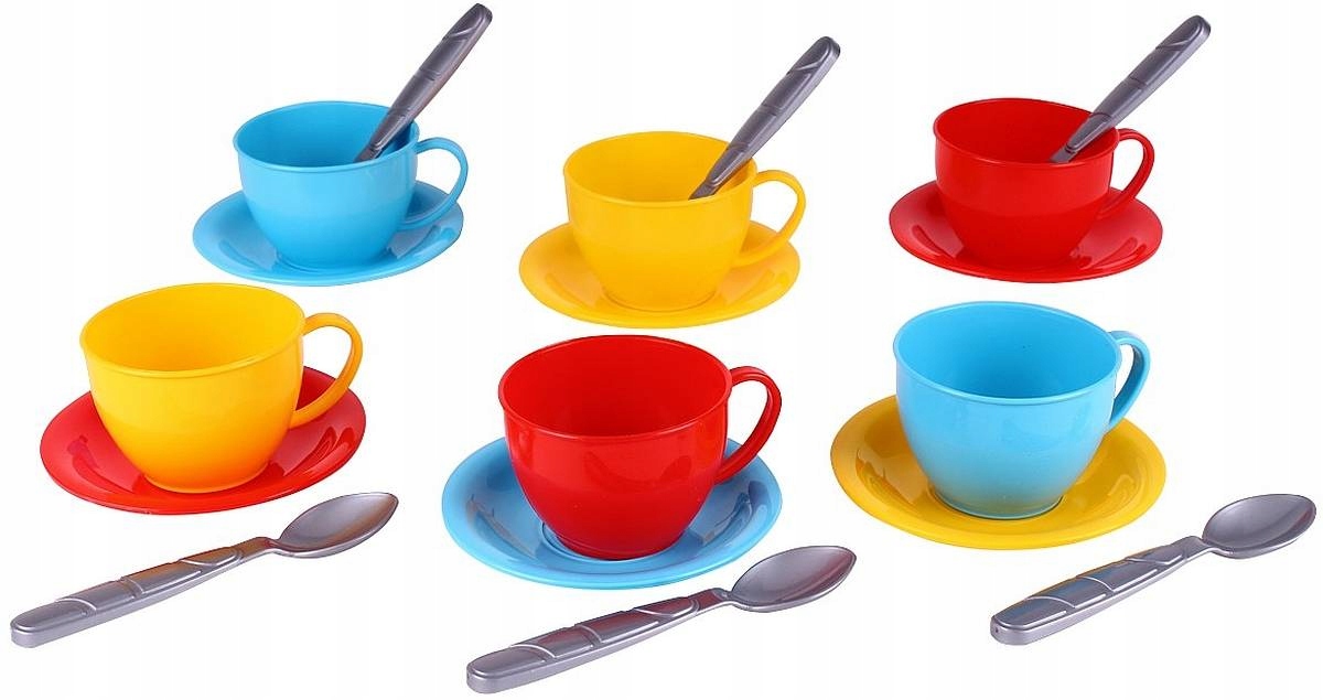 Zestaw zawiera filiżanki, łyżeczki i talerzyki