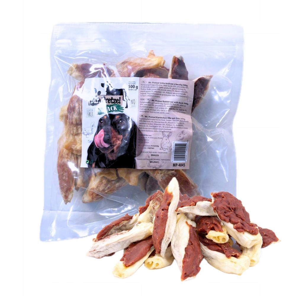 Mr. Pretzel Ucho królicze z kaczką 500g – Naturalny* przysmak dla psa