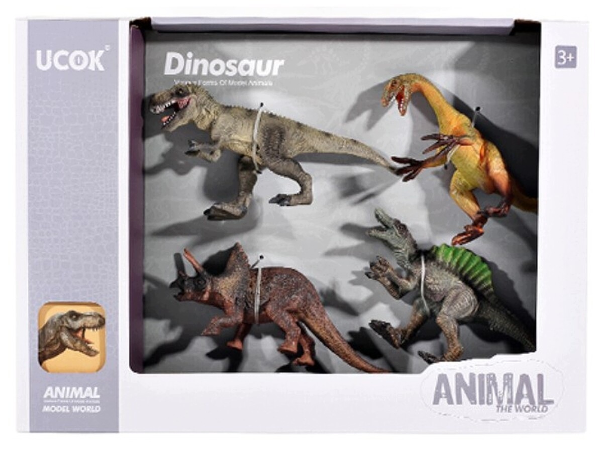 Zestaw zawiera: T-rex, Falcosaurus, Triceratops, Spinosaurus