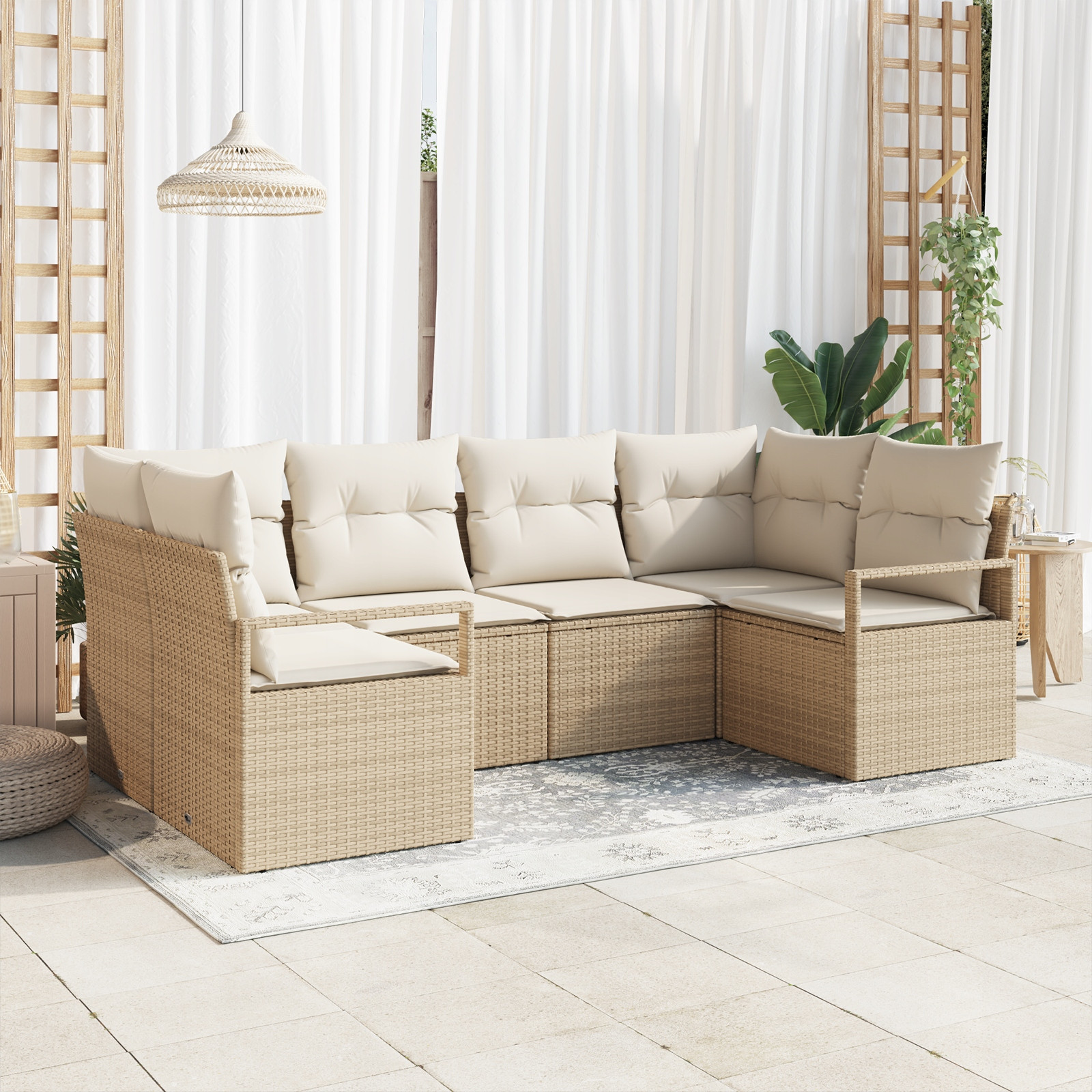 Zestaw sofa ogrodowa 6-częściowy z poduszkami Beżowy poliester rattan – Komfort i styl na świeżym powietrzu