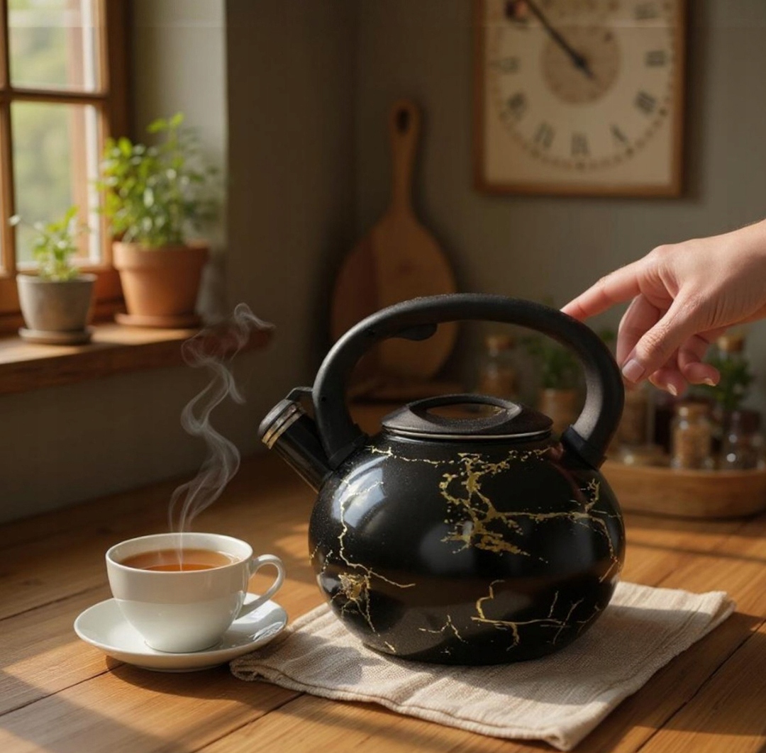 Stylowy czajnik emaliowany w czarnym kolorze z ozdobnymi złotymi liniami