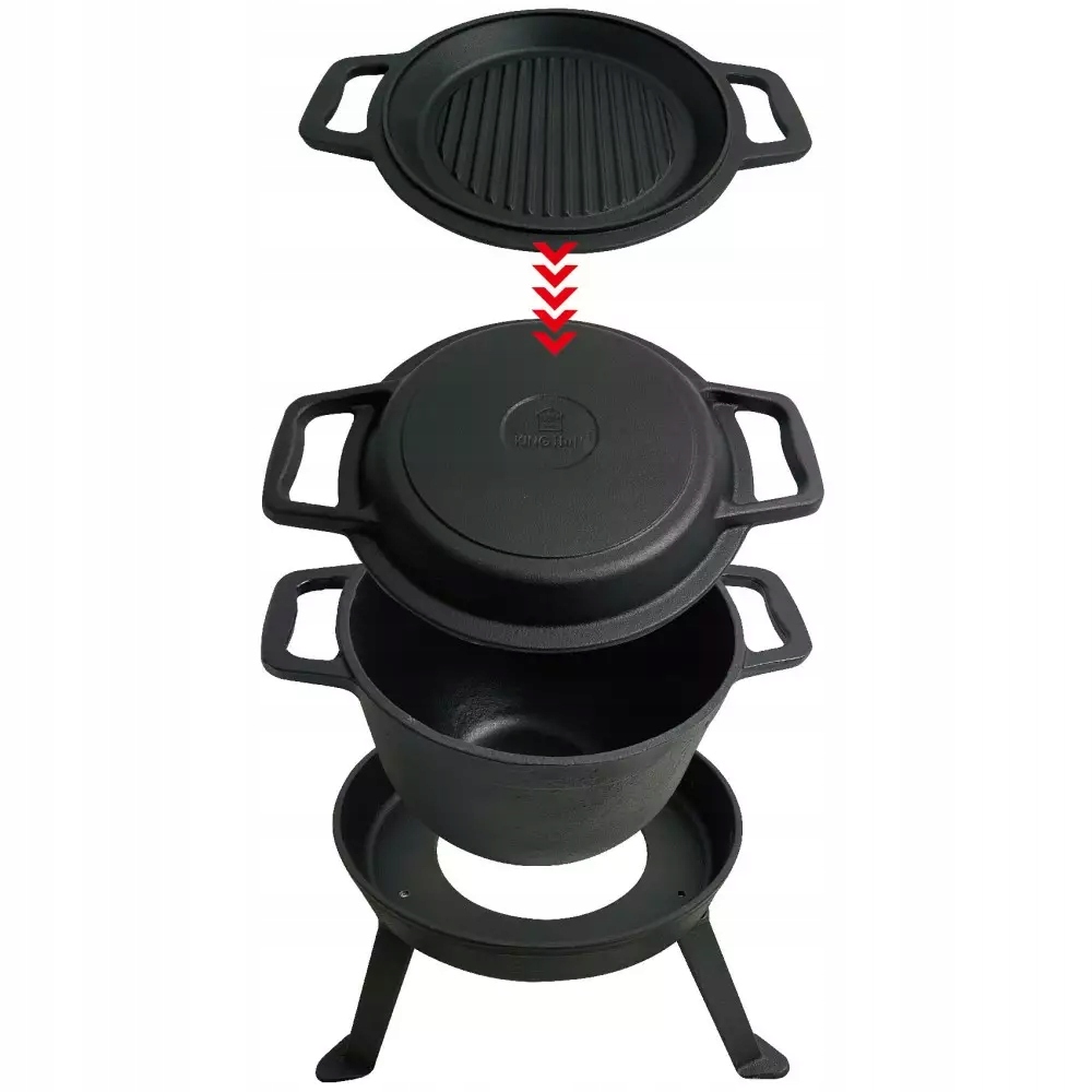 Kociołek Żeliwny Myśliwski 12L z Patelnią Grill 2 w 1 – Idealny do Gotowania na Świeżym Powietrzu