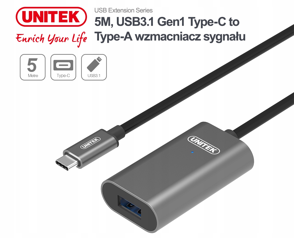 Unitek U304A – Wzmacniacz sygnału USB-C na USB(A) 5M