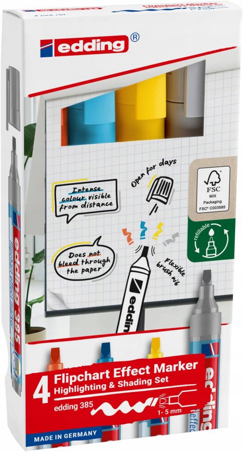 Marker do efektów na flipchartach e-385 EDDING – Zestaw 4 sztuk w mixie kolorów