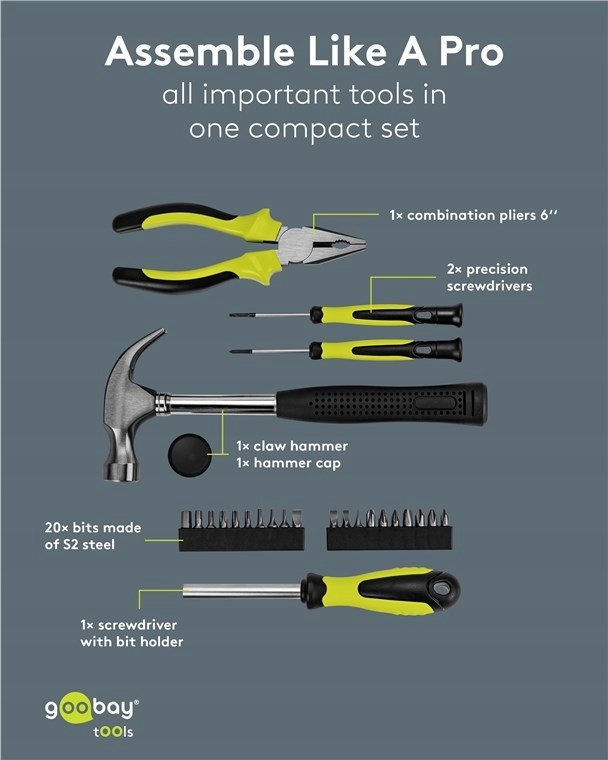 Zawartość zestawu: młotek, szczypce, śrubokręty i bity