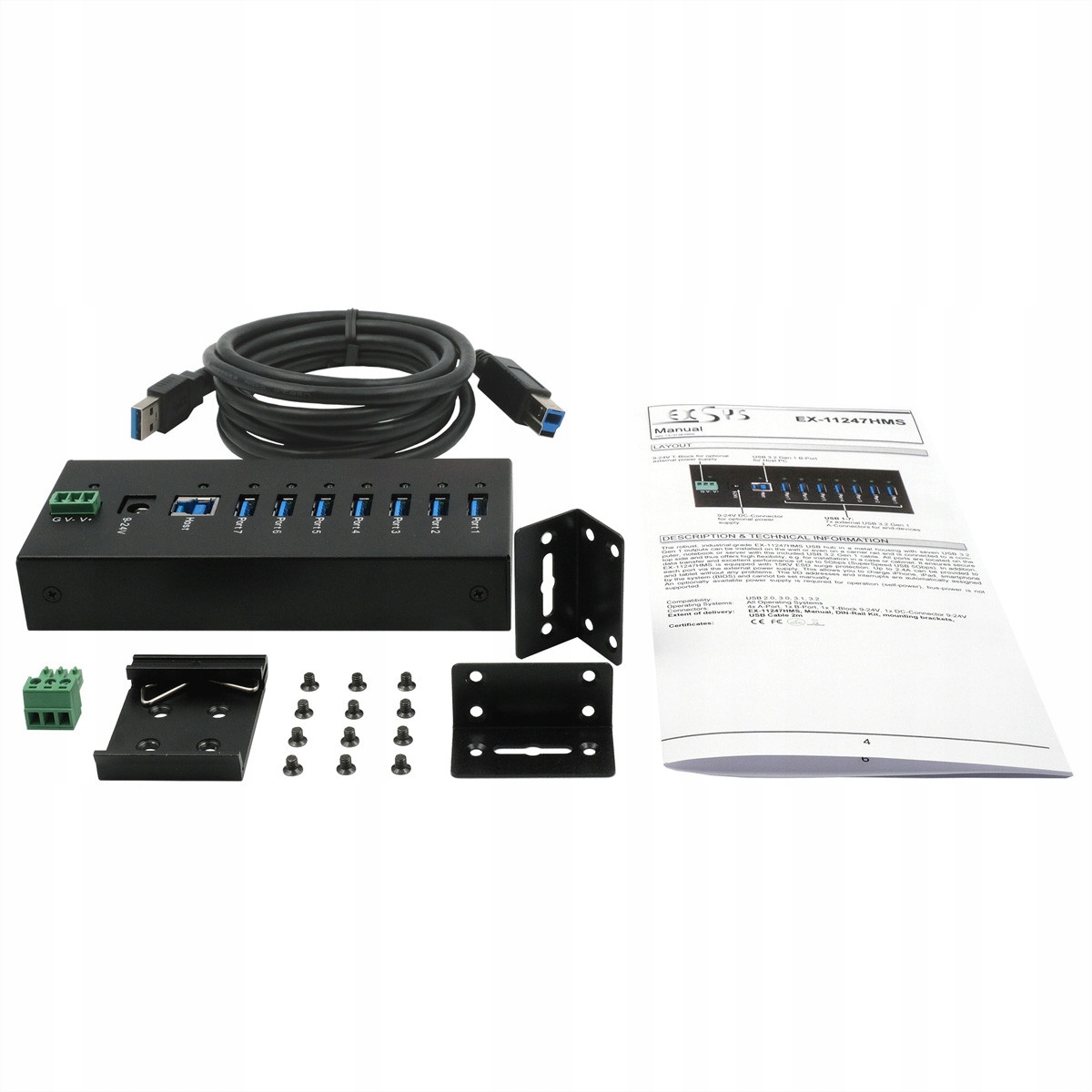 EX-11247HMS – 7-portowy hub USB 3.2 Gen 1 do montażu na ścianie i szynie DIN