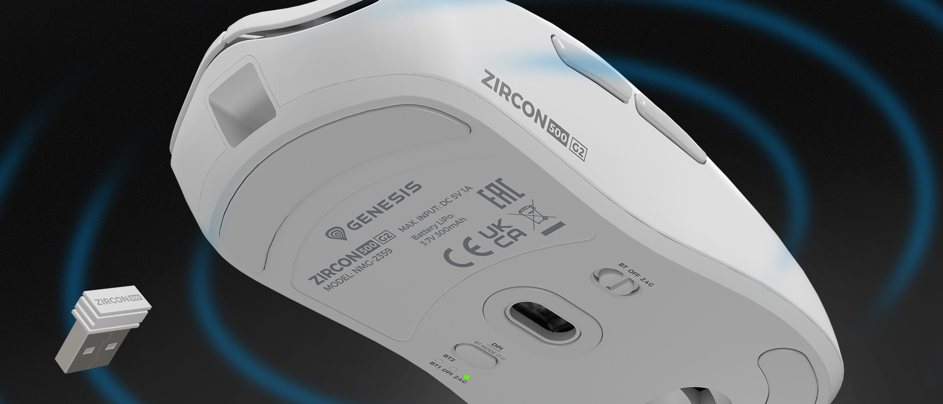 Bezprzewodowa mysz do gier Genesis Zircon 500 G2, biała, z sensorem 10000 DPI i odbiornikiem USB