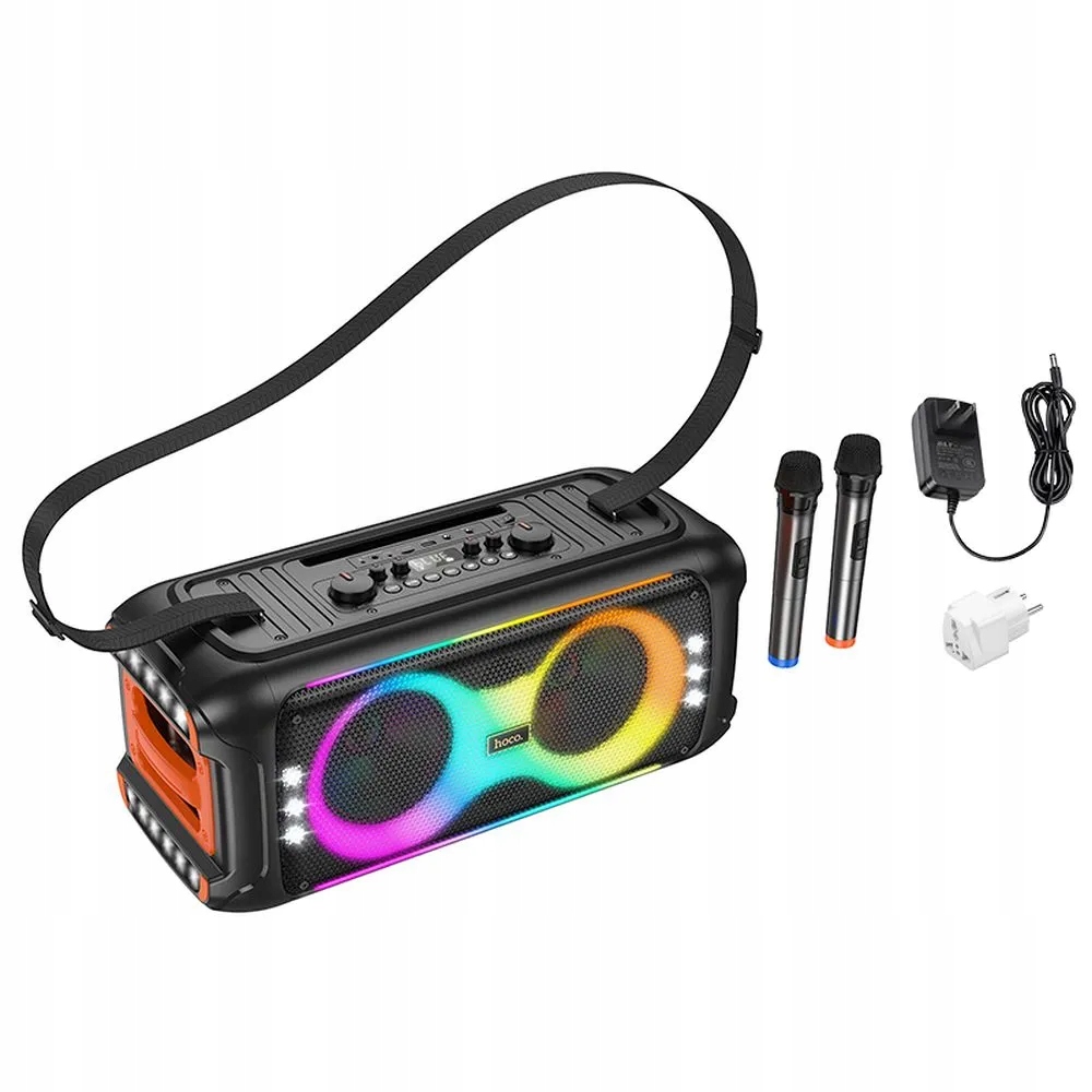 HOCO zestaw karaoke bezprzewodowy głośnik + 2 x bezprzewodowy mikrofon LED 60W HA9 czarny – Idealny na każdą imprezę