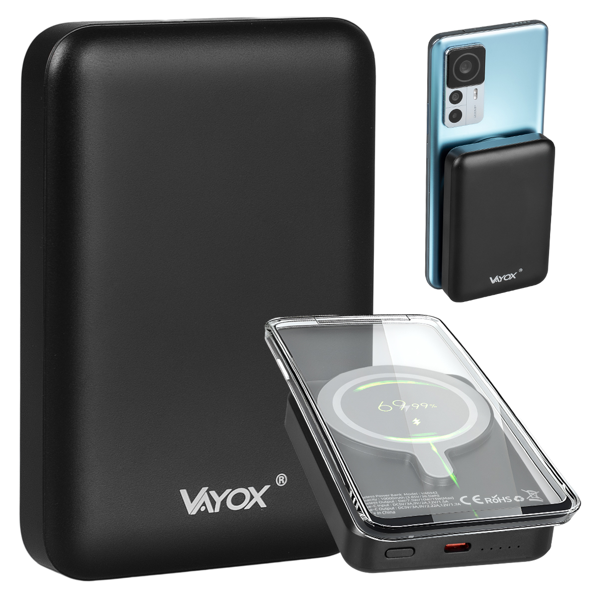 Power bank 10000 mAh USB-C / USB-C + Magnetsafe czarny VA0342 Vayox – Niezawodne źródło energii