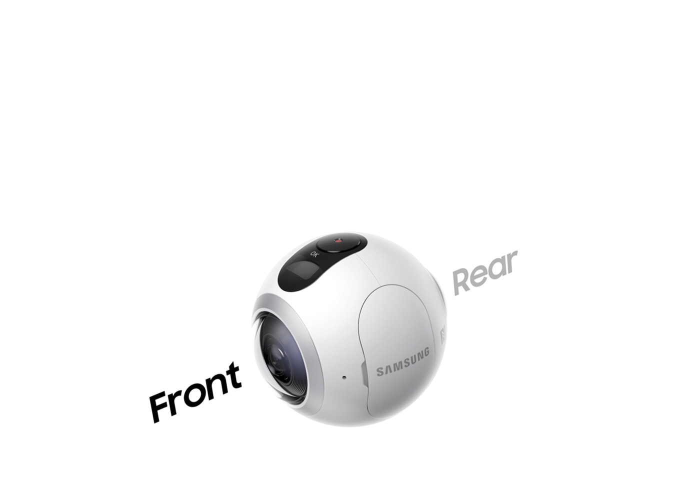 Zdjęcie Gear 360 z boku, z widoczną przednią soczewką, skierowaną w lewo.