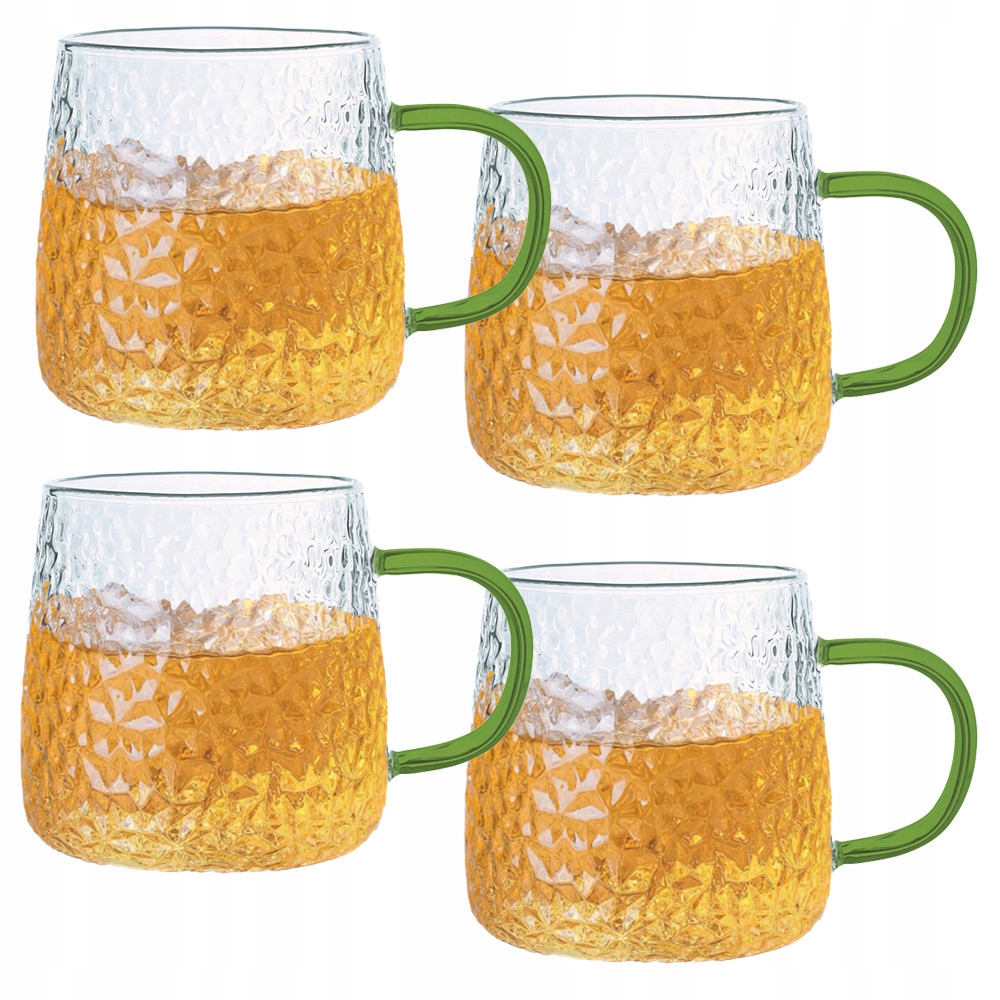 Szklanki 4 x 350 ml Żłobionych z Uchem Zielonym* – Idealne do Kawy i Herbaty