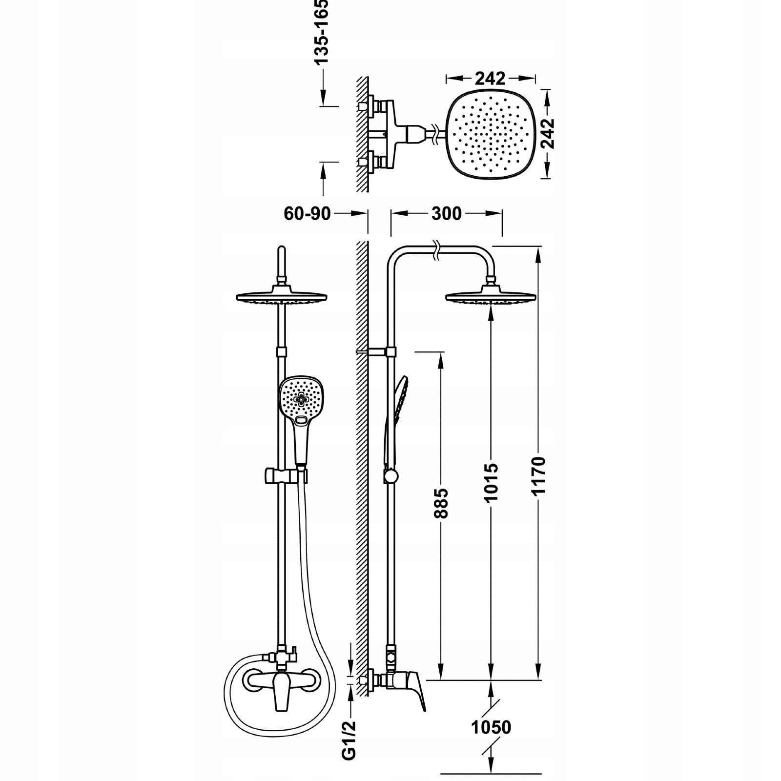 Zestaw natryskowy z deszczownicą 242x242 mm