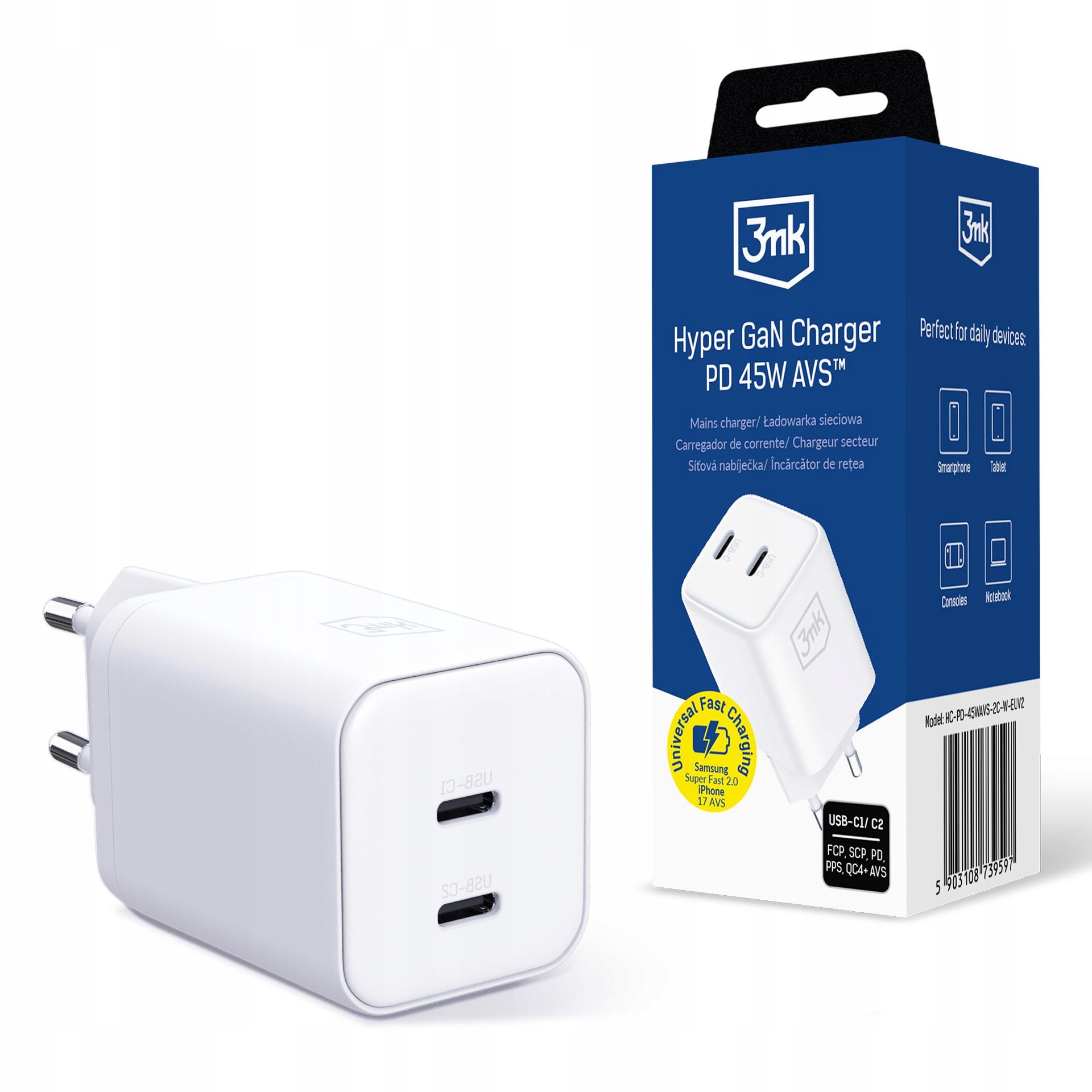 3mk Hyper Charger PD 45W GaN AVS QC4+ PPS AFC FCP DCP 2C White – Szybkie ładowanie dla każdego
