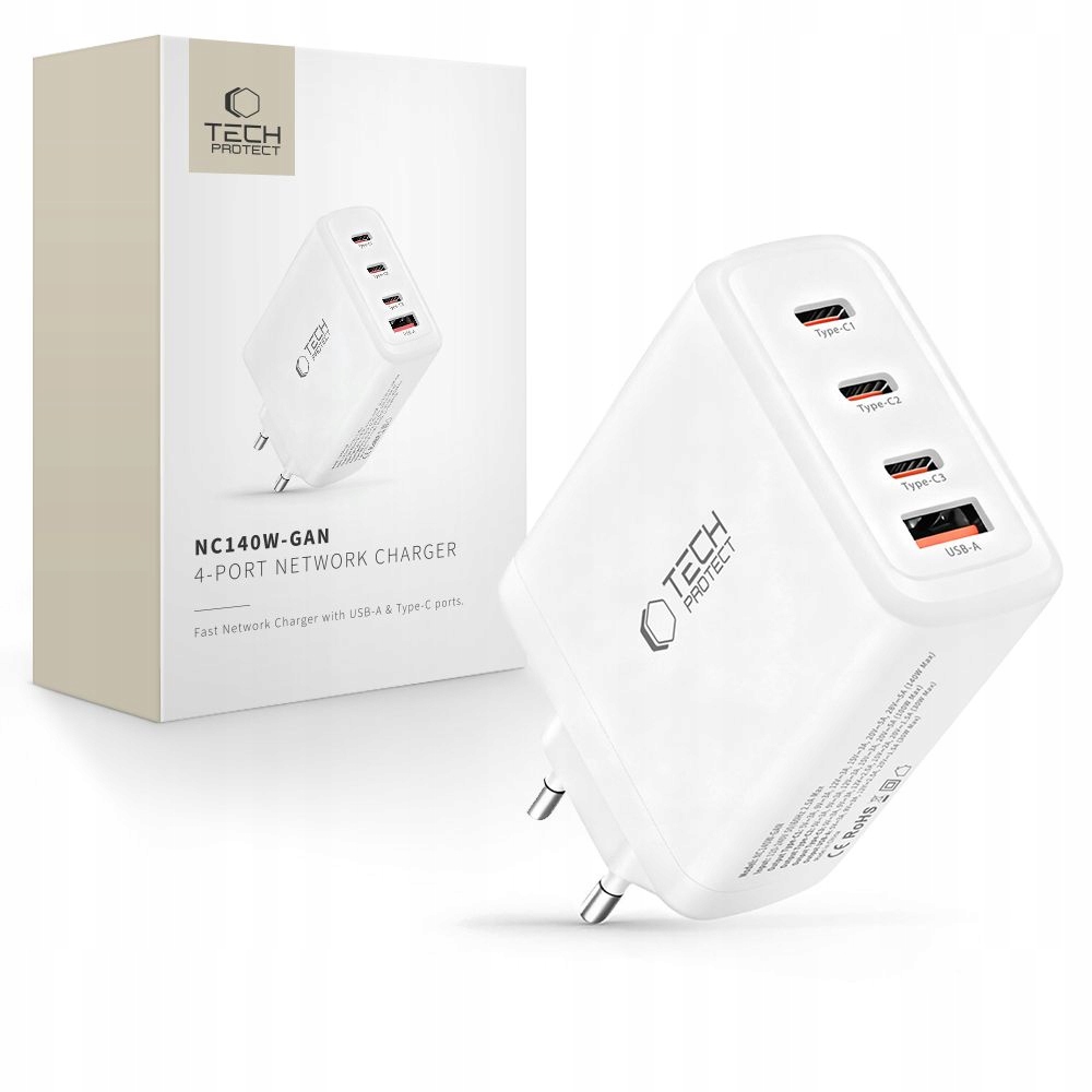 TECH-PROTECT NC140W-GAN 4-PORT NETWORK CHARGER PD 140W / QC3.0 WHITE – Nowoczesne ładowanie dla Twojego sprzętu