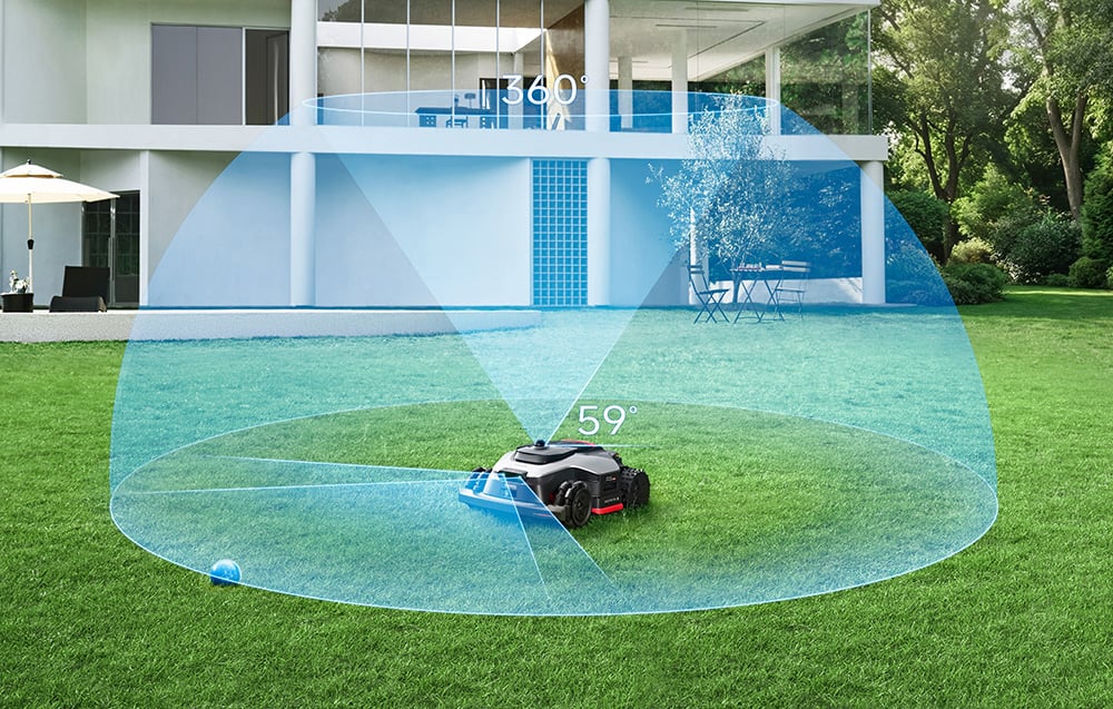 Robot koszący z wizualizacją zasięgu czujników 360 stopni wokół