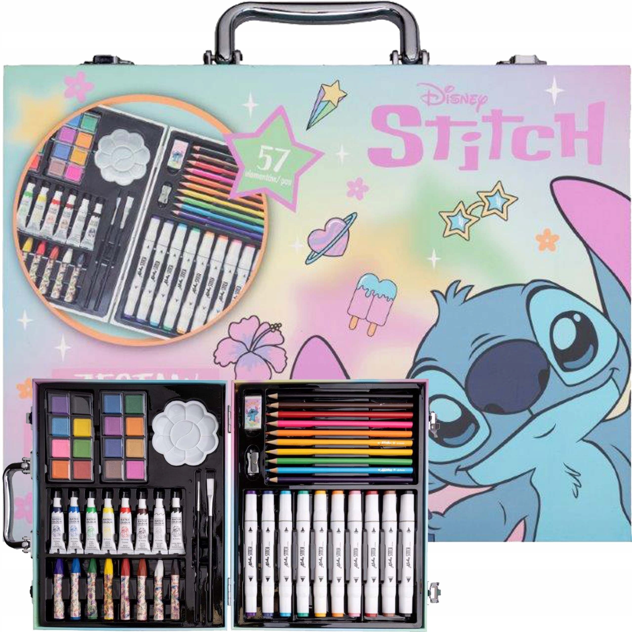 Elementy zestawu: farby, temperówki, gumki i więcej