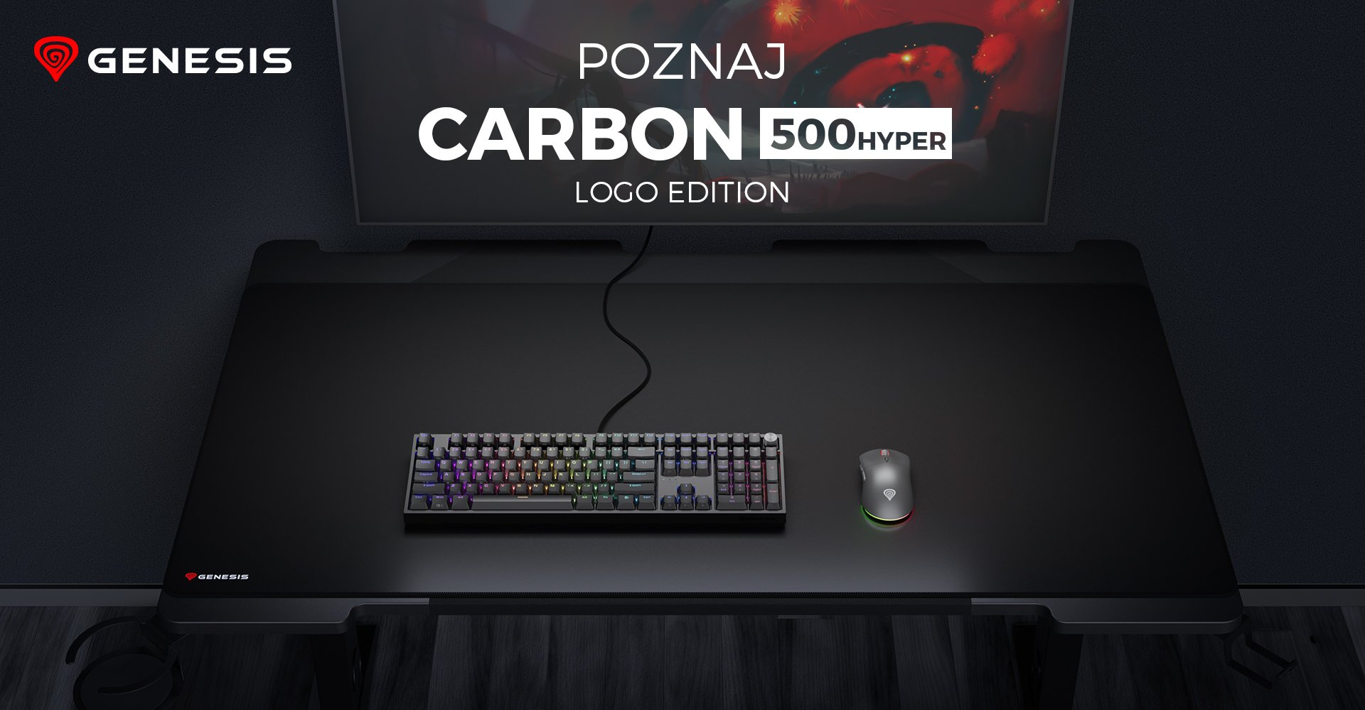 Duża czarna podkładka pod mysz z logo Genesis w połączeniu z kolorową klawiaturą mechaniczną i elegancką myszą do gier