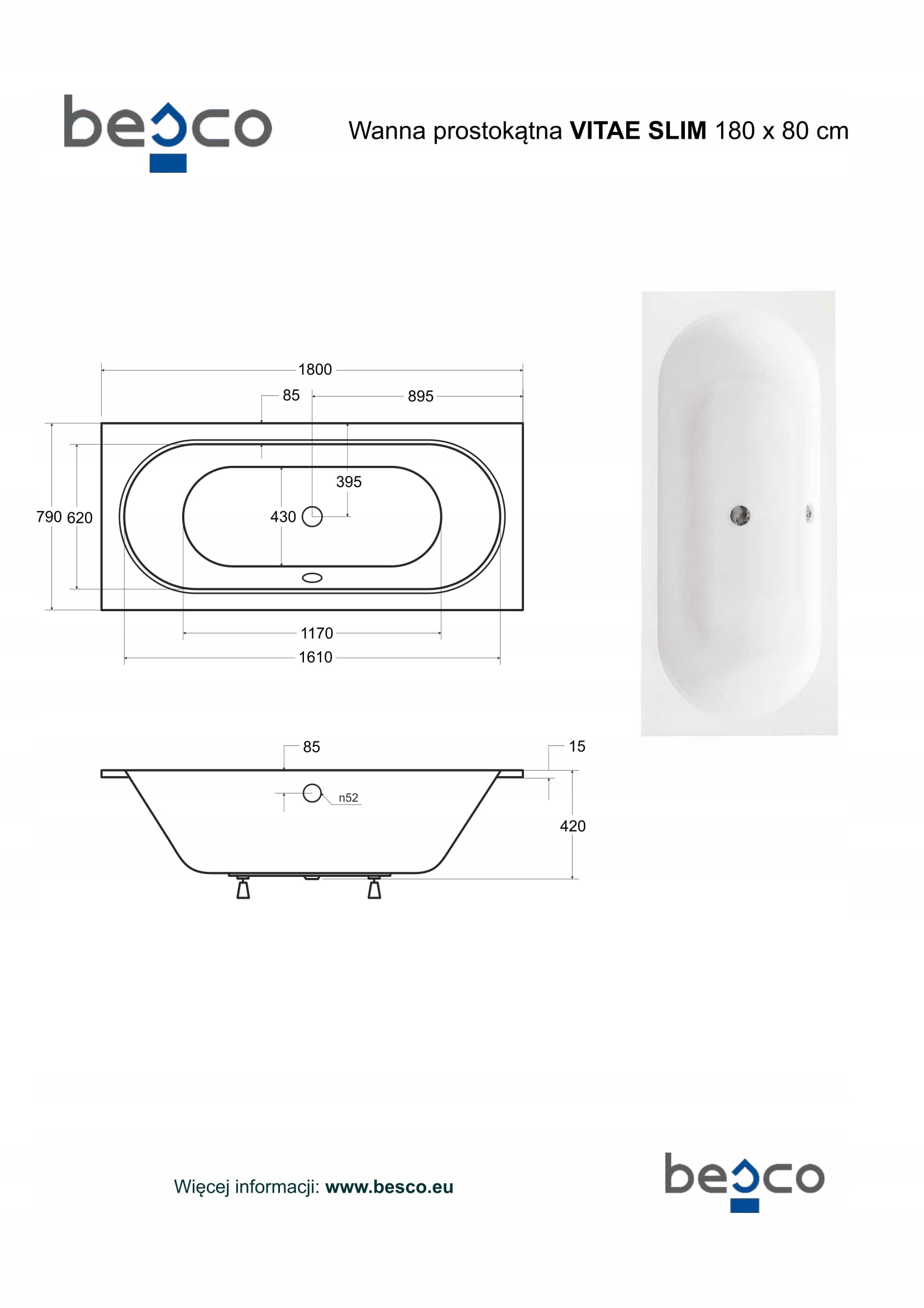 Wymiary i pojemność – 180x80 cm, 200 litrów