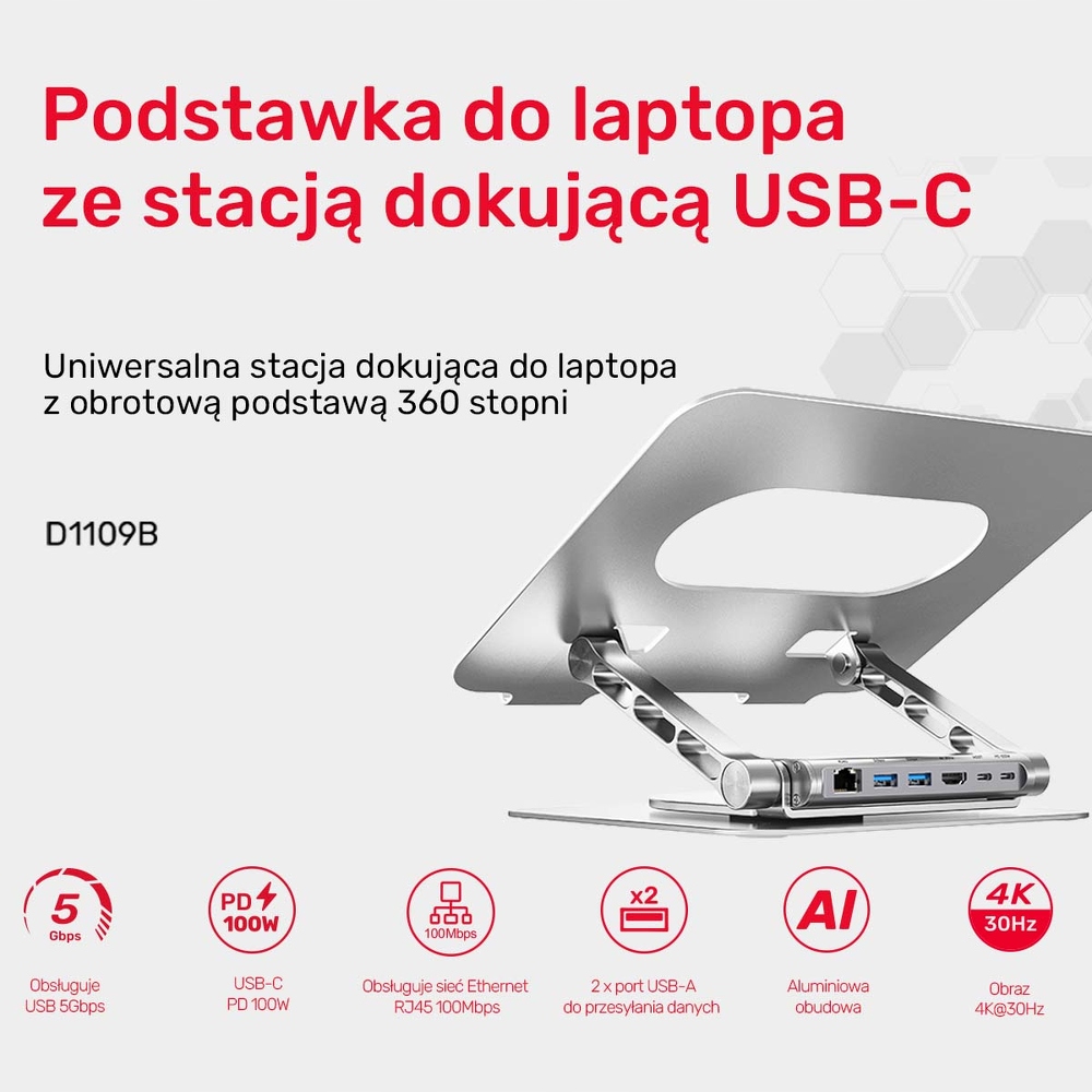 Unitek Podstawka pod laptop z odłączanym hubem USB-C HDMI 1,4, 4K PD 100W – Komfort i funkcjonalność w pracy