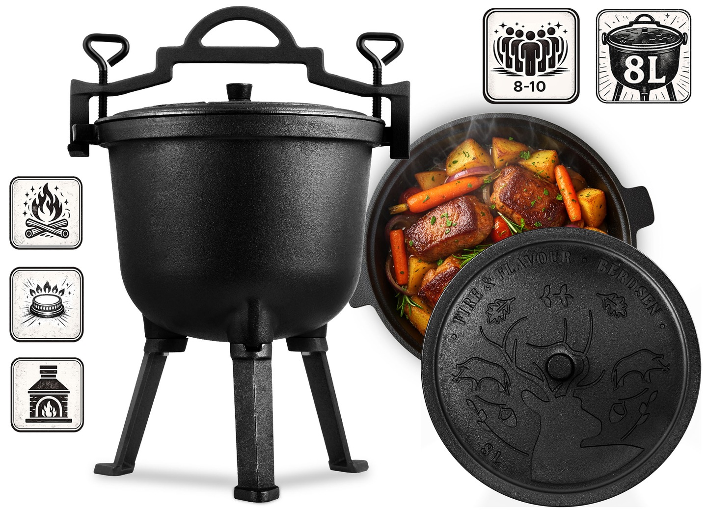 Kociołek żeliwny 8l garnek myśliwski pieczonka na ognisko grill + PRZEPISY – Gotuj jak dawniej i jedz jak królowie!