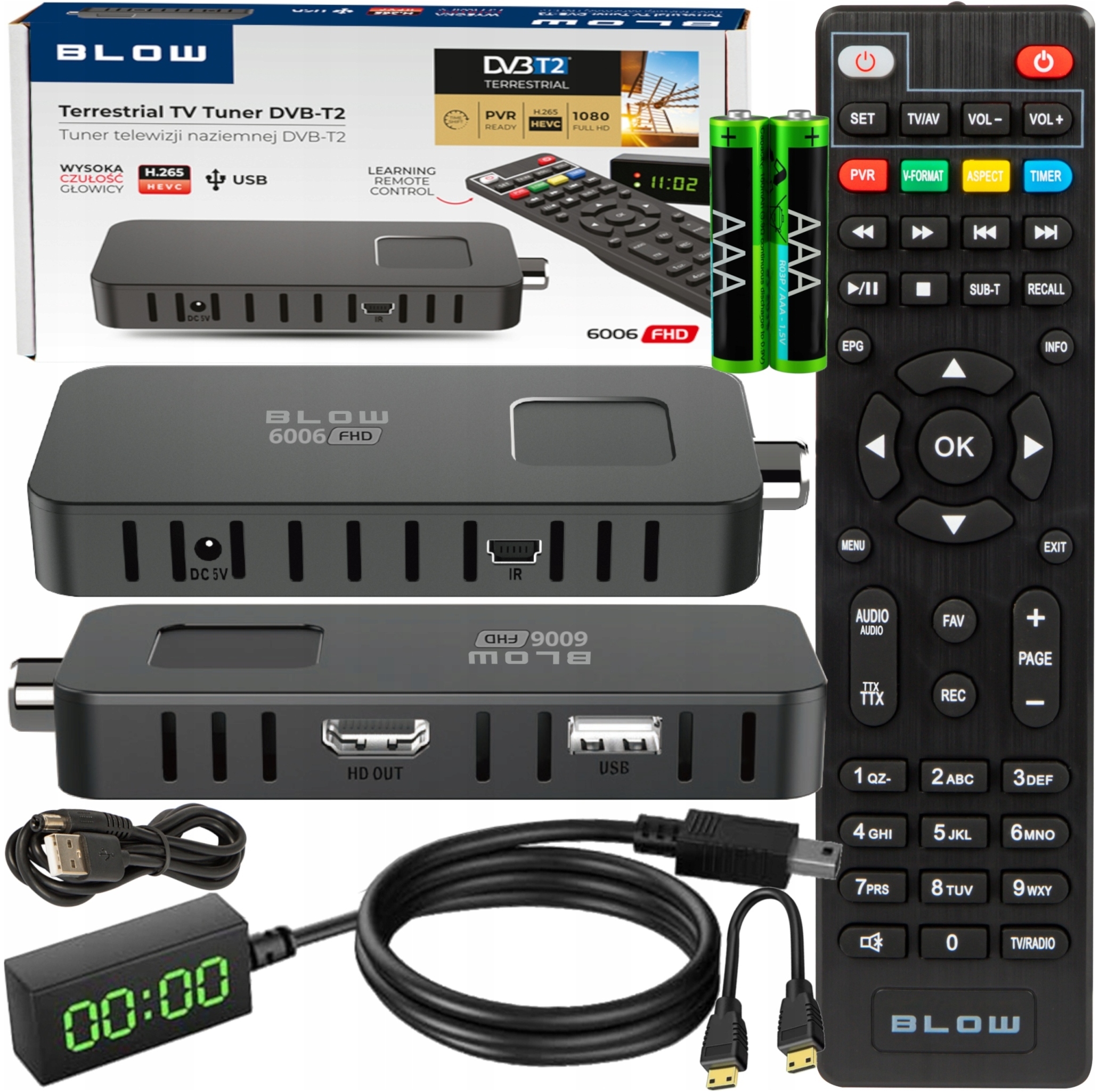 Zestaw zawiera: tuner, pilot, kabel HDMI i więcej