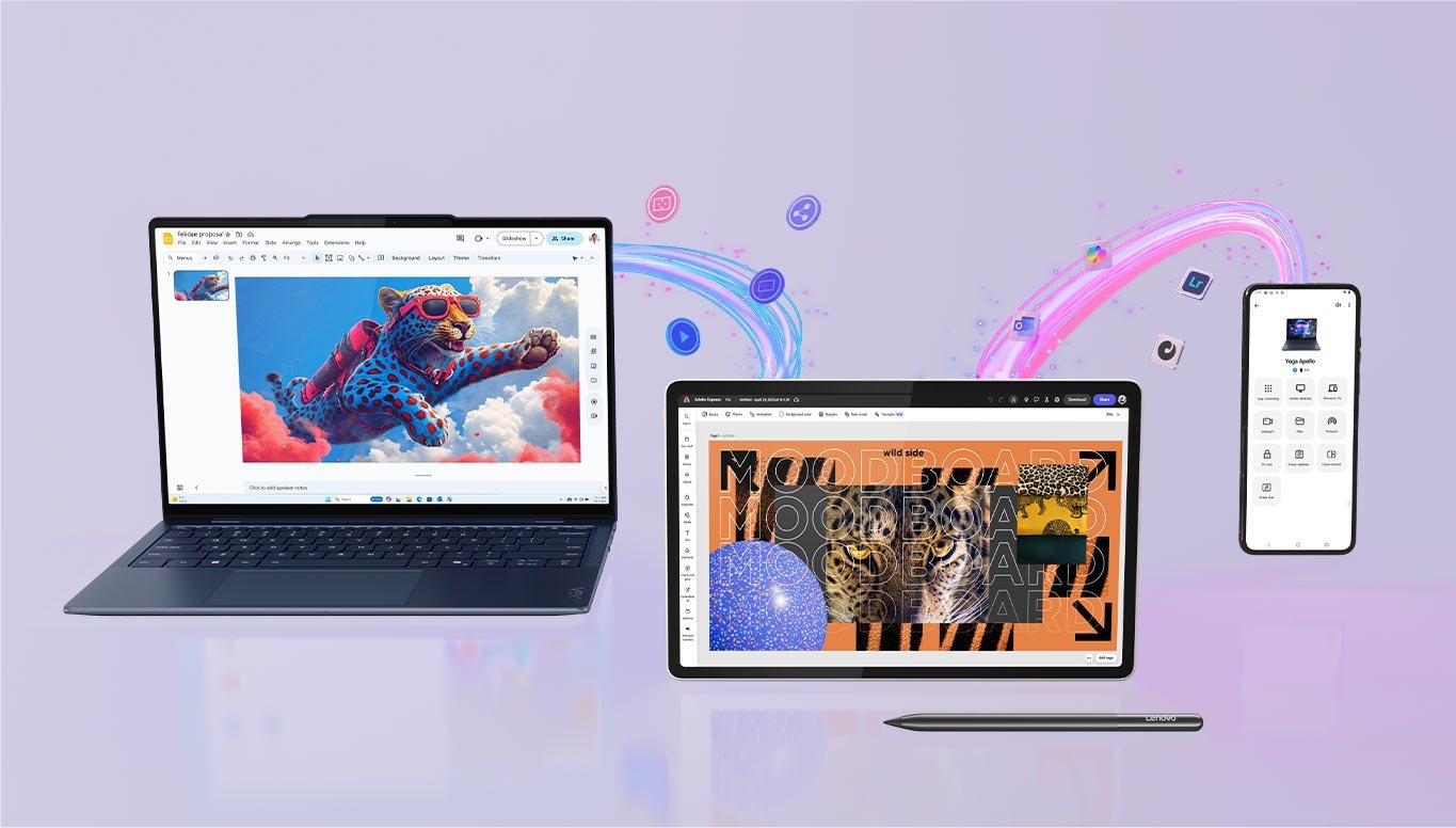 Różne urządzenia obok siebie współpracujące ze sobą, otwarty laptop, tablet, rysik i smartfon 