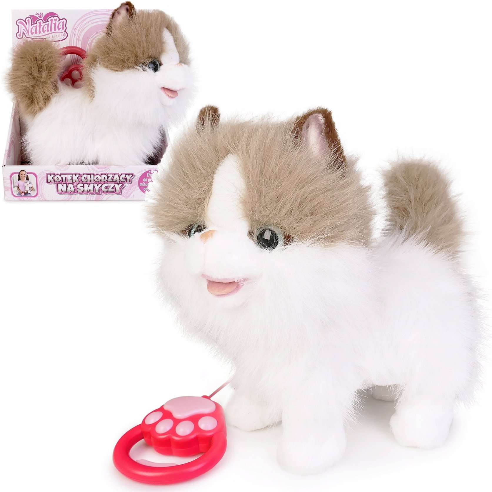 Kot chodzący na smyczy biało-rudy – Interaktywny przyjaciel dla Twojego dziecka