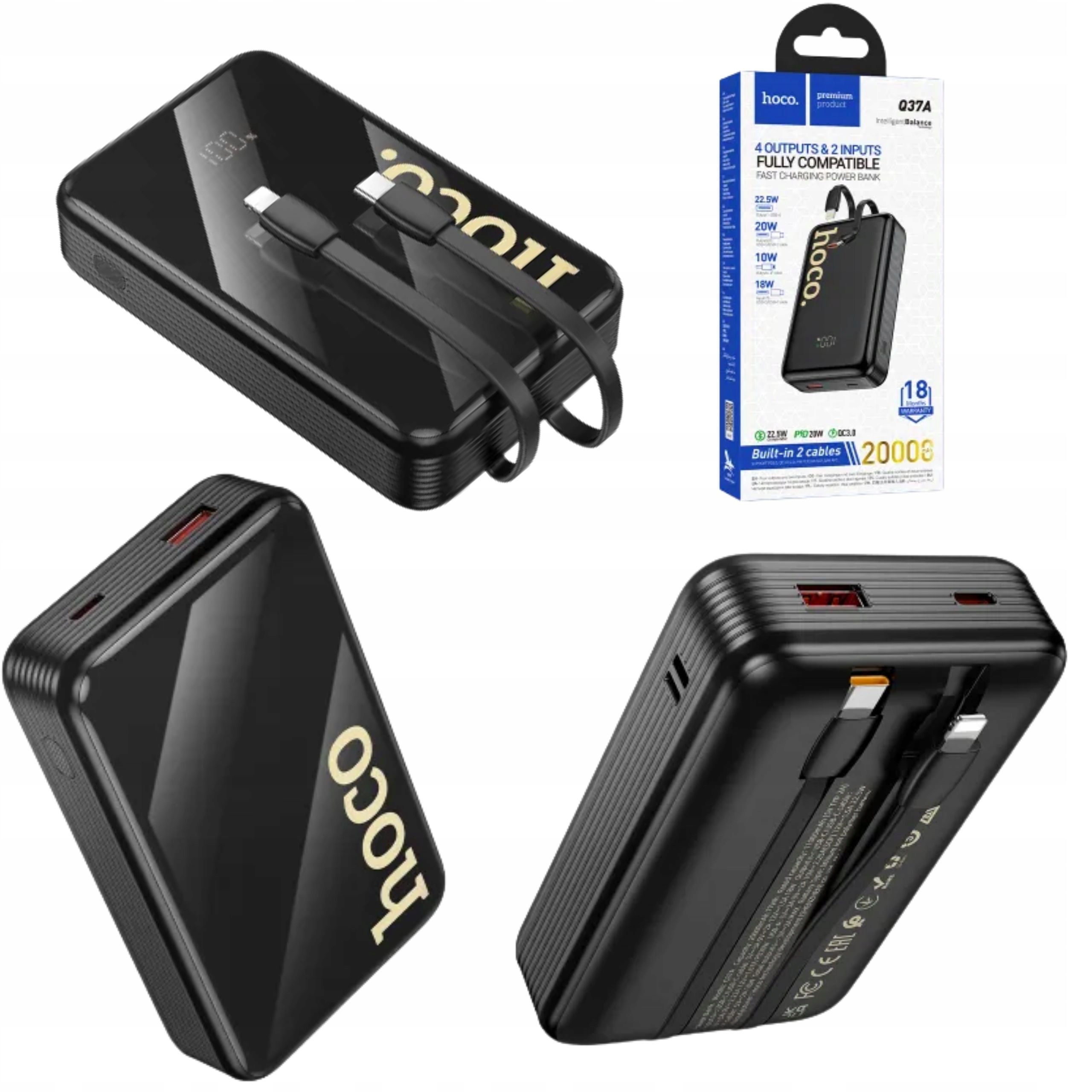 Powerbank Hoco 20000 mAh QC PD 22,5W z wbudowanymi kablami USB C + Lightning czarny