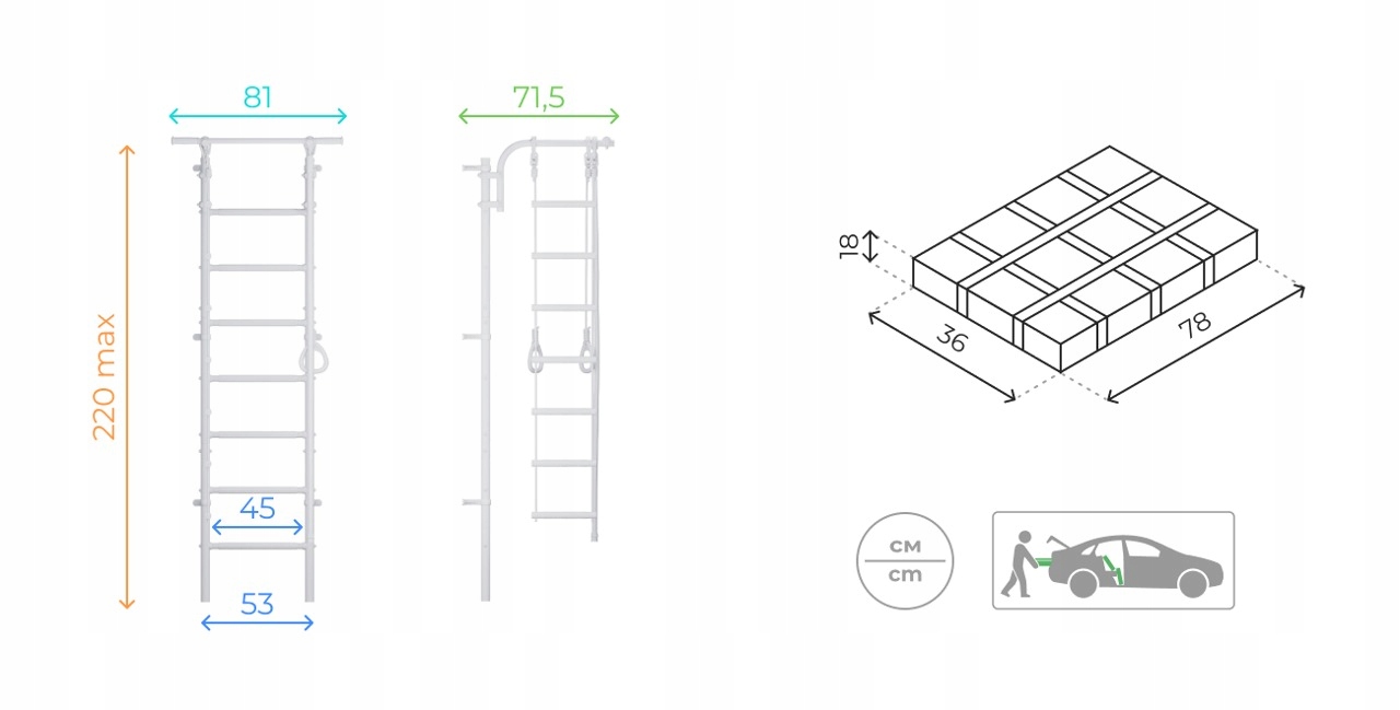 Wysokość i szerokość drabinki – 220 cm i 53 cm dla maksymalnej funkcjonalności