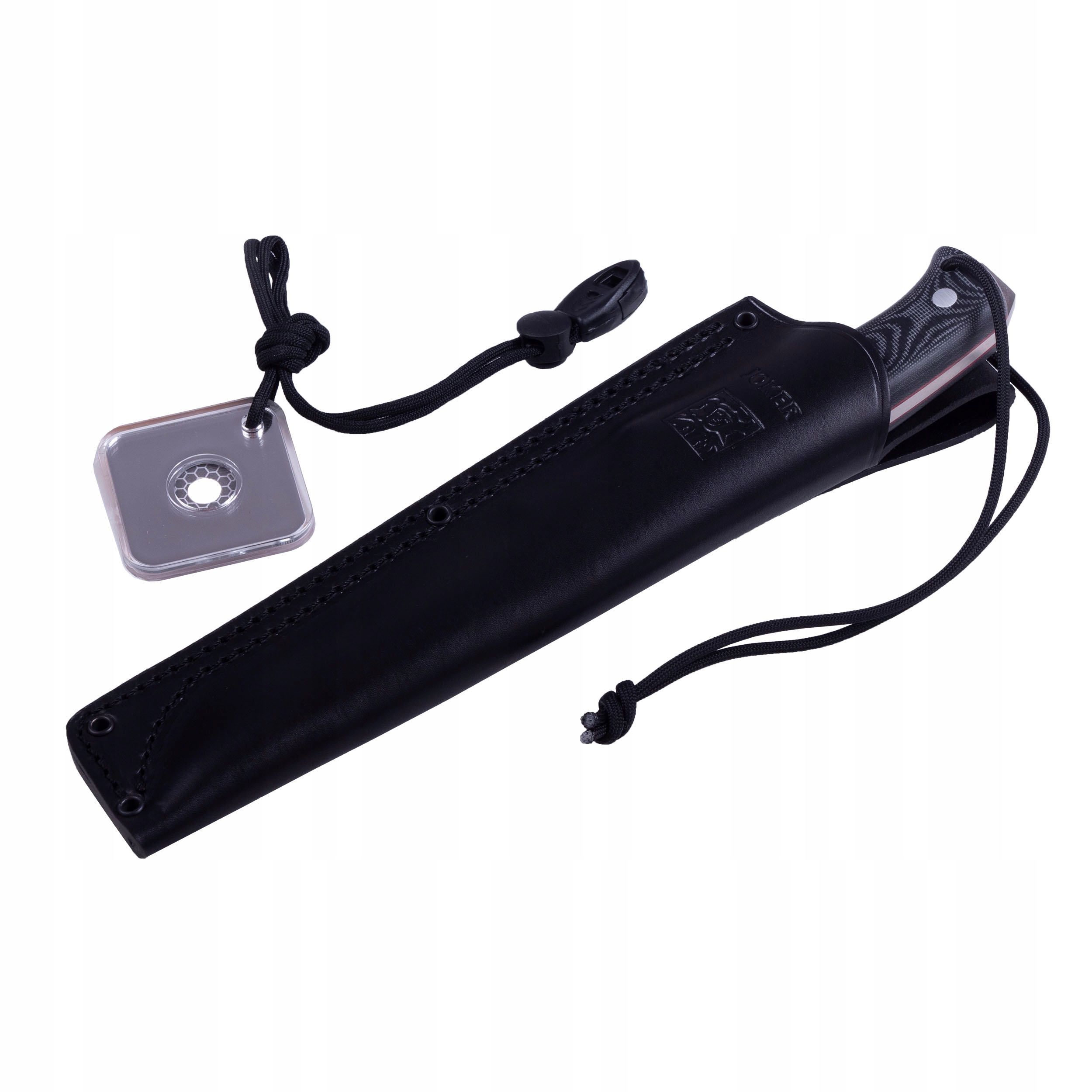 W zestawie skórzana pochwa i linka paracord 550