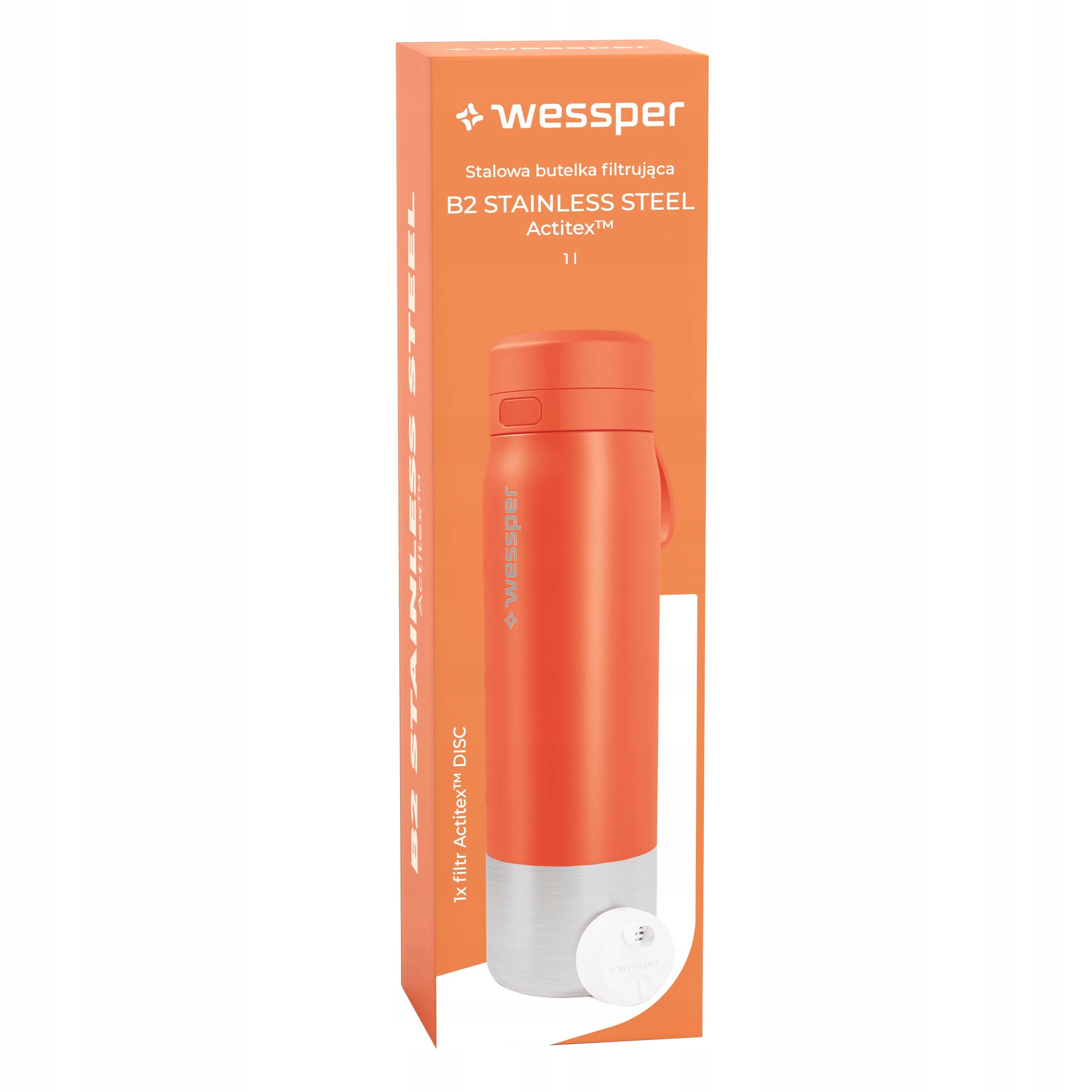 Butelka filtrująca Wessper B2 STAINLESS STEEL Actitex™ 1000ml – Pomarańczowa