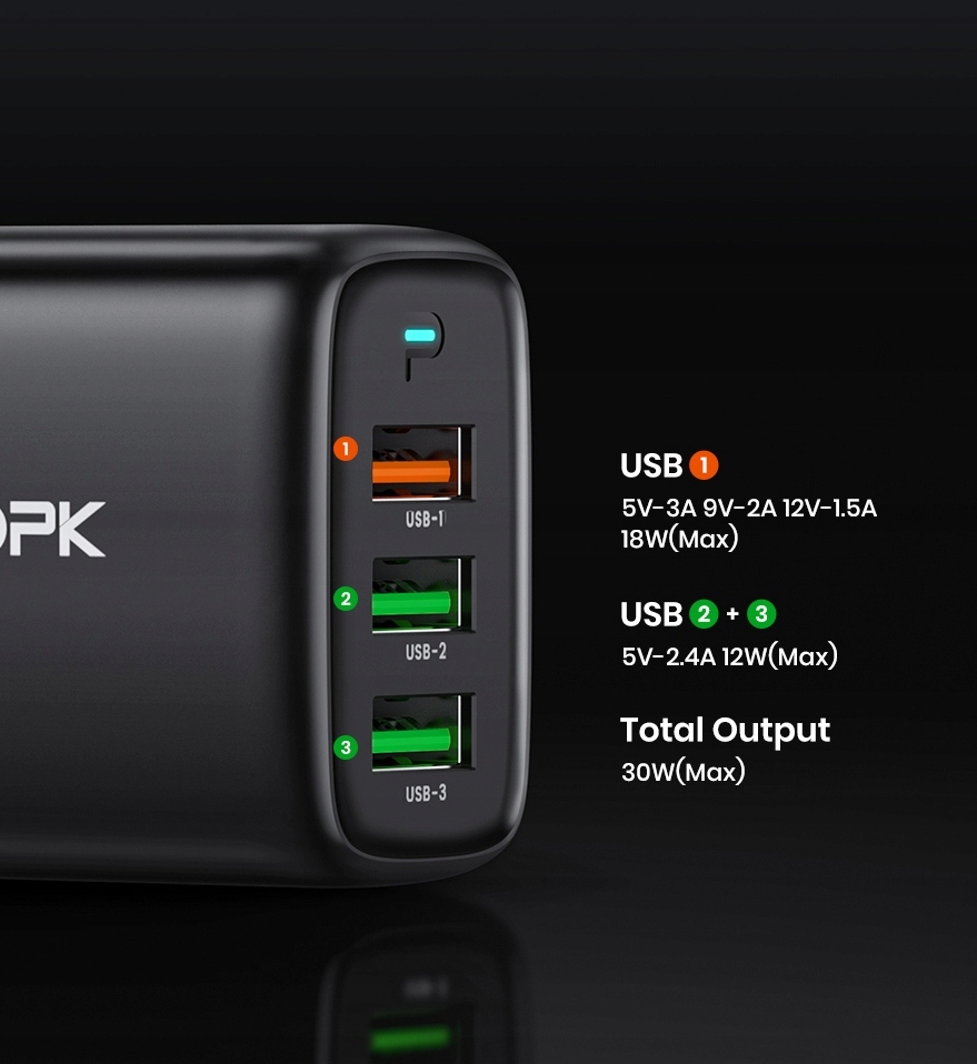Ładowarka sieciowa 3xUSB 30W Szybkie ładowanie QC3 Prąd wyjściowy 3000 mA