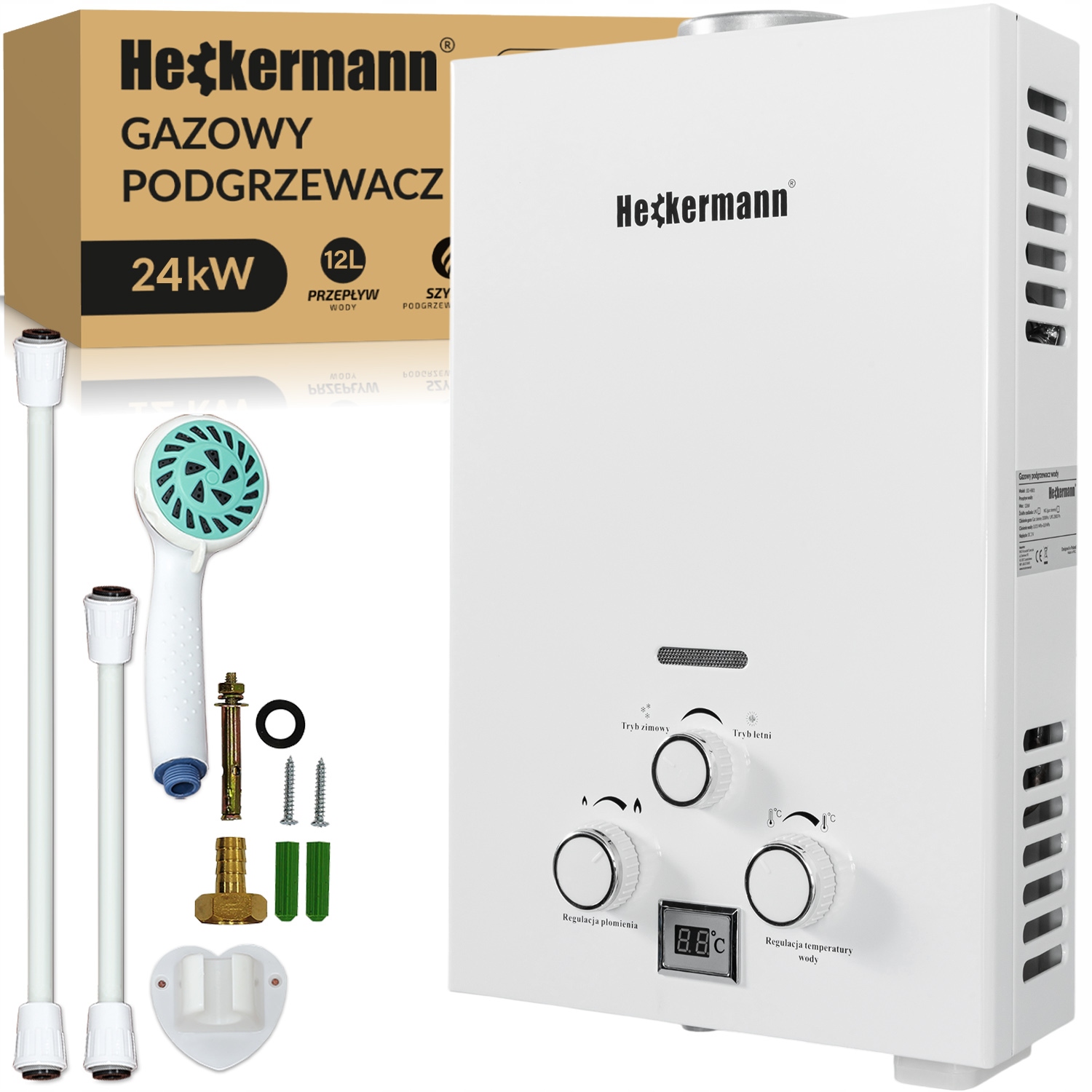 Przepływowy podgrzewacz wody Heckermann Gazowy podgrzewacz wody JSD-HB04 12L NG Biały – Wydajność i komfort