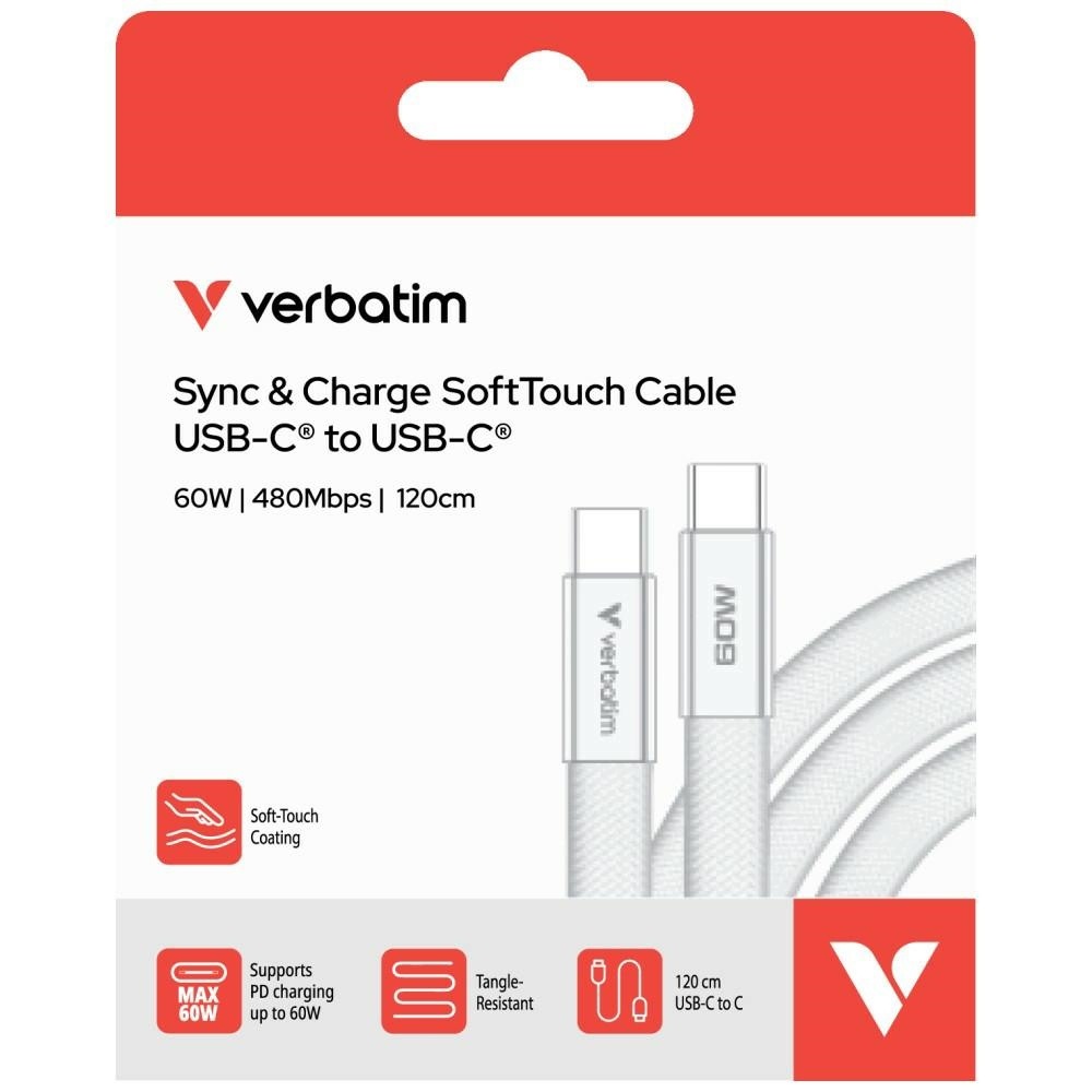 Kabel Verbatim Sync & Charge SoftTouch USB-C do USB-C 60W PD3.0 120cm biały 30274 – Idealne rozwiązanie do ładowania i przesyłania danych