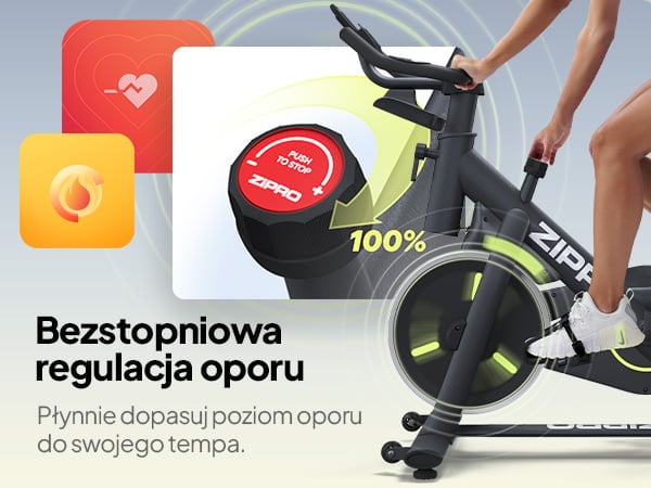 Rower spinningowy ZIPRO Modo - Bezstopniowa regulacja oporu: płynnie dopasuj poziom oporu do swojego tempa