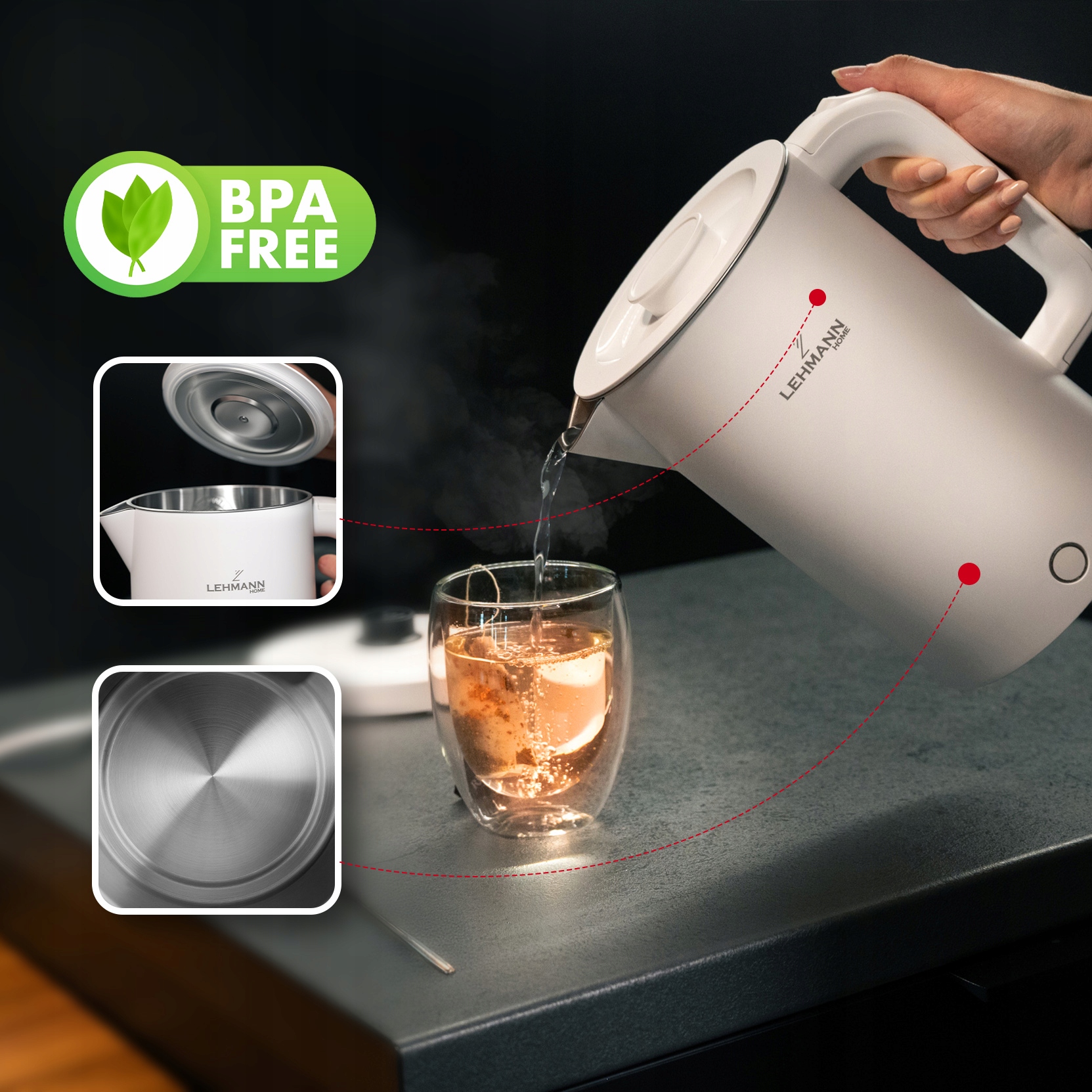 CZAJNIK ELEKTRYCZNY BEZPRZEWODOWY STALOWE WNĘTRZE 2200W BIAŁY DUŻY 1,7L NEW Waga produktu 1.03 kg