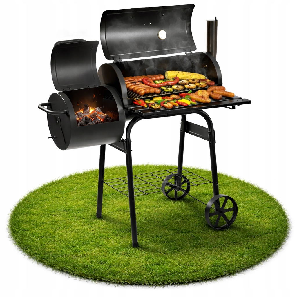 GRILL WĘGLOWY OGRODOWY BECZKA Z WĘDZARNIĄ TERMOMETR DUŻY RUSZT PÓŁKI KOMIN