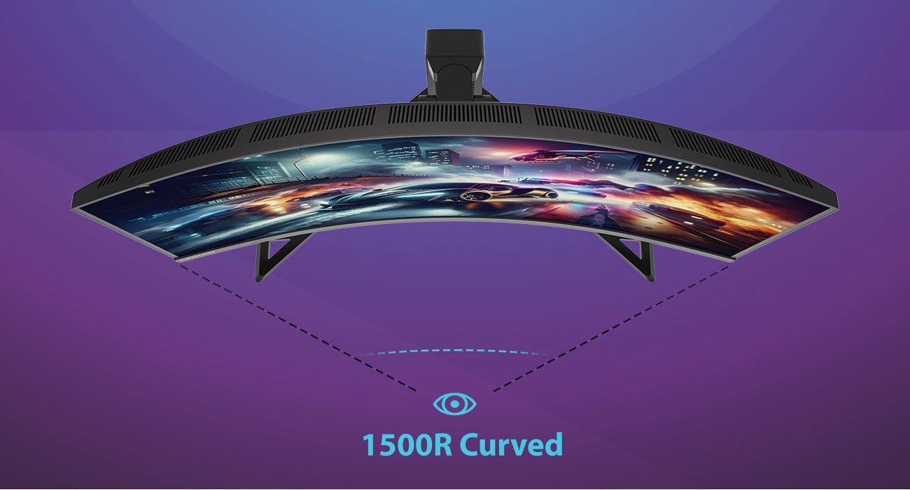 Monitor Lenovo R27qc-30 pokazany z góry, pod kątem, widoczne zakrzywienie monitora, na ekranie scena z gry komputerowej 