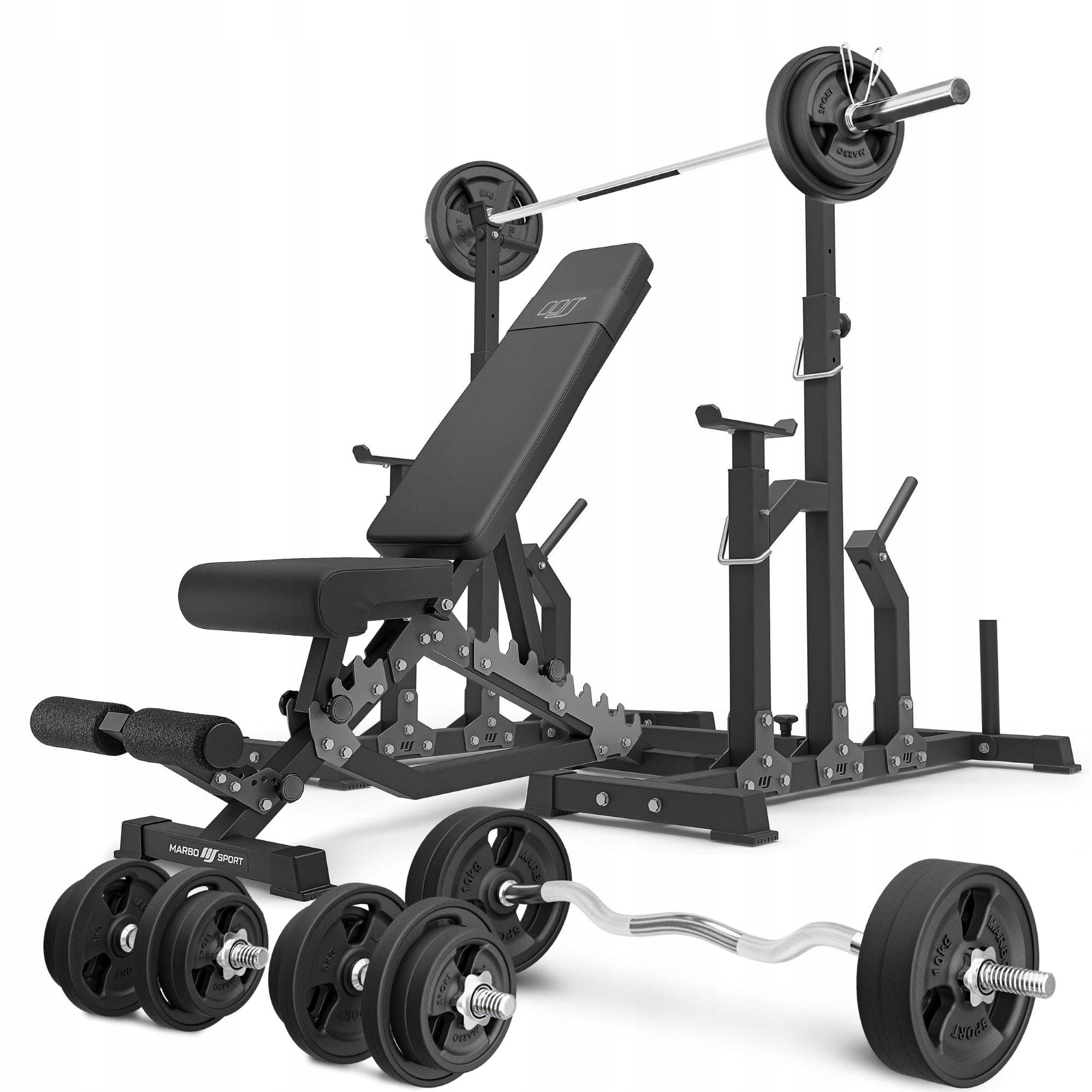 Zestaw MS2_2.0_113KG_G | Ławka dwustronna + stojaki regulowane + zestaw gryfów i obciążeń gumowanych 113 kg - Marbo Sport