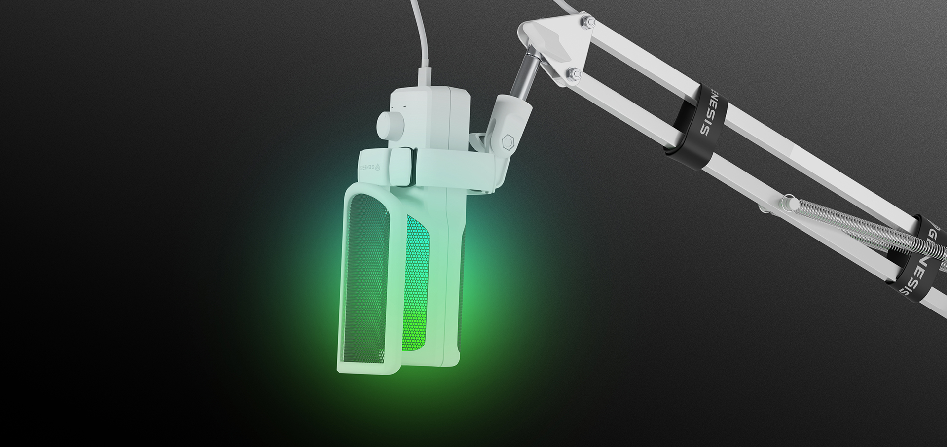 Biały mikrofon Genesis Radium 251 USB zamontowany na regulowanym ramieniu, wyposażony w świecący na zielono element